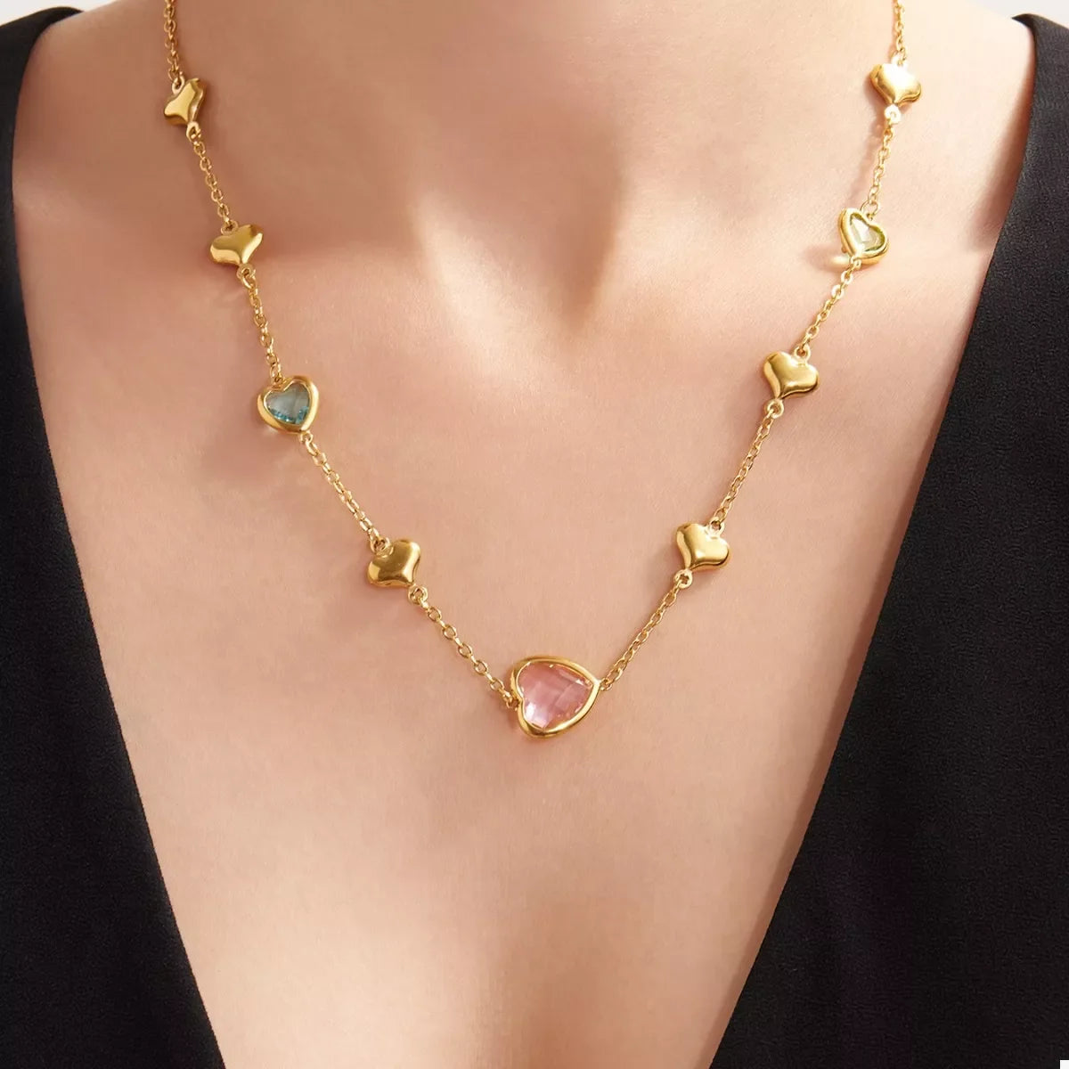 18K Gold-Plated Heart Necklace with Glass Stone