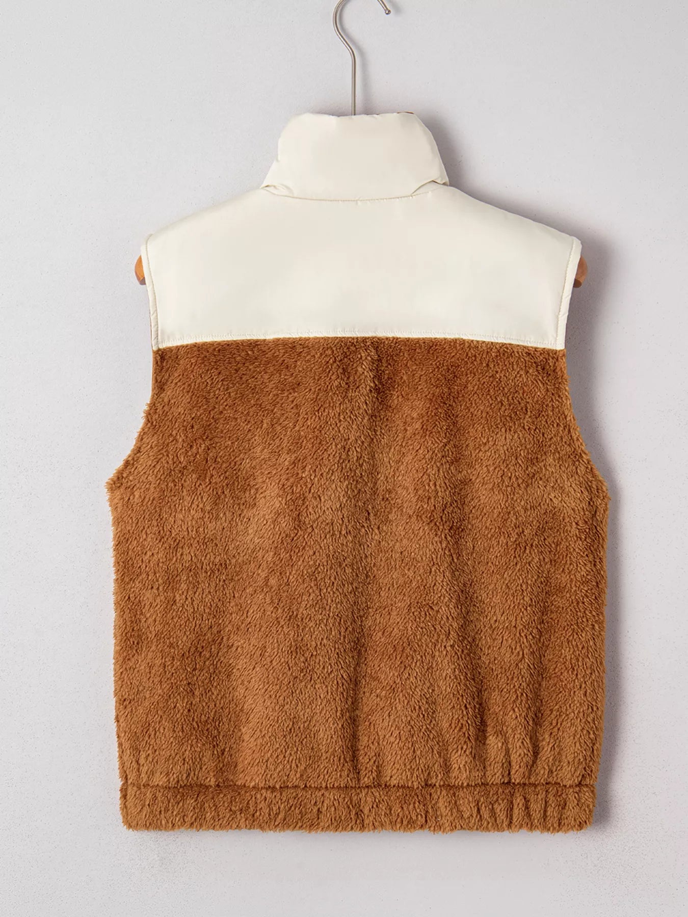 Color Block Plush Patchwork Zipper Stand Neck Vest Coat