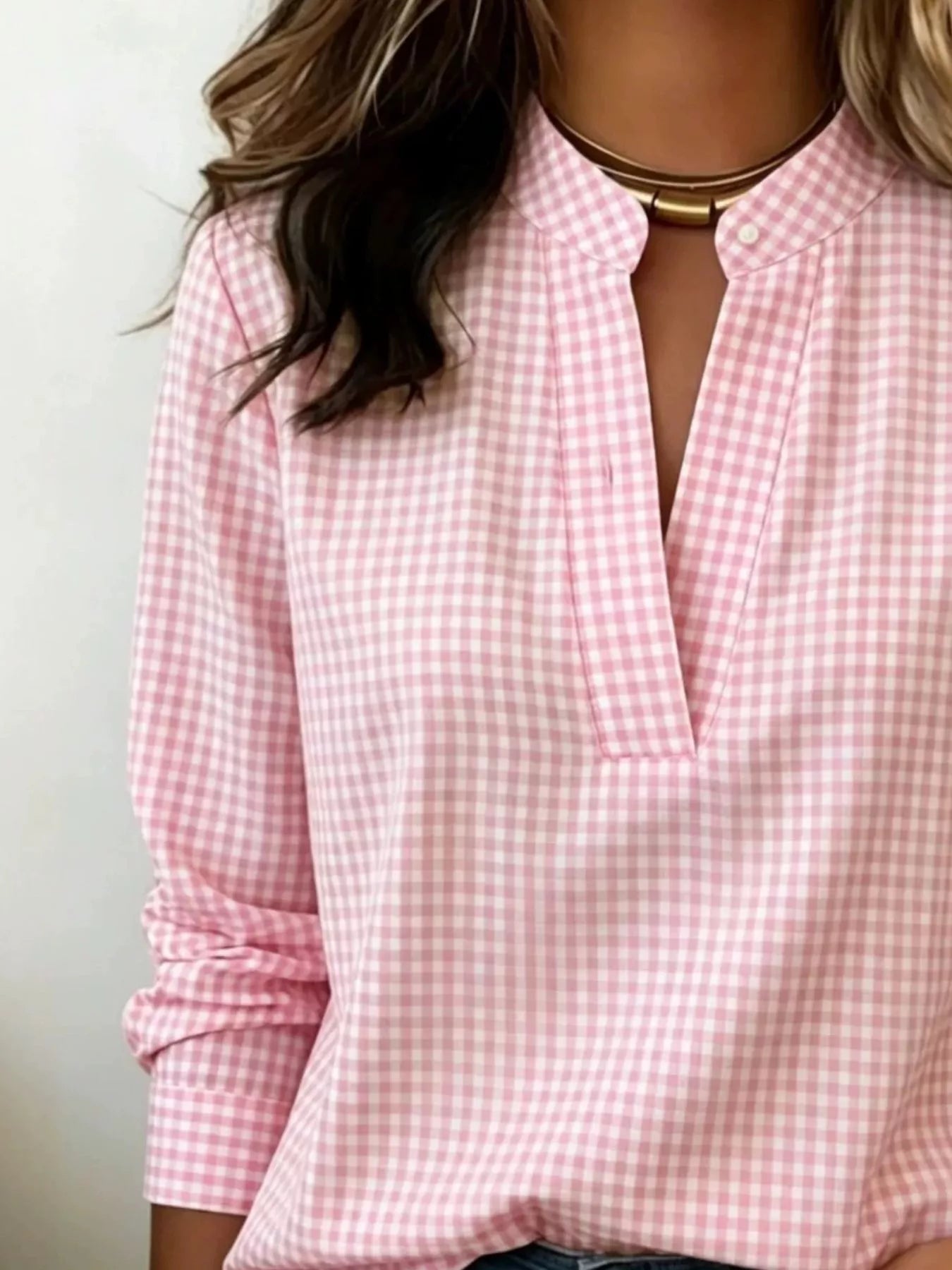 Full Size Plaid Notched Long Sleeve Blouse Plus Size