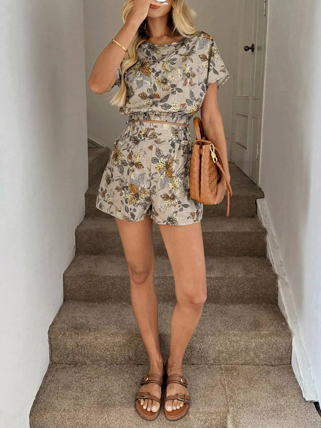 Floral Print Crop Top and Shorts Set
