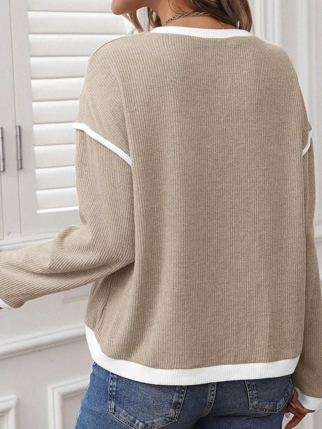 Contrast Color Trim Knit Drop Shoulder Loose Top