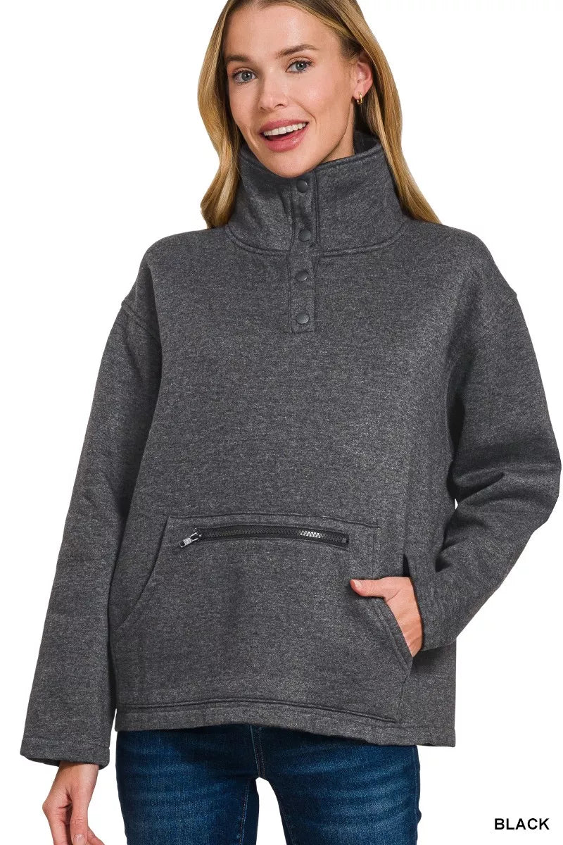 Zenana Fleece Washed High Neck Kangaroo Pocket Sweatshirt