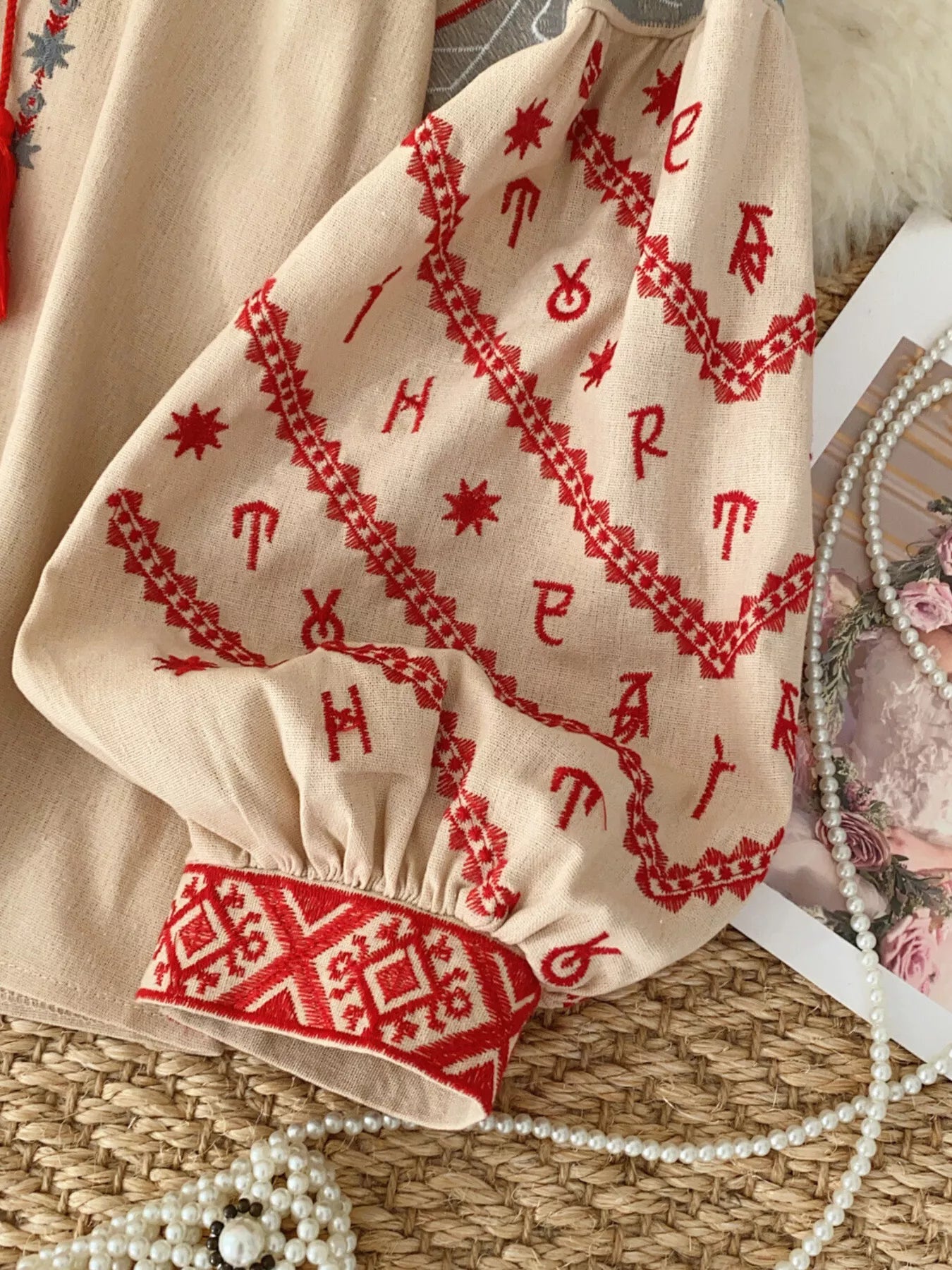 Embroidered Tie Neck Blouse