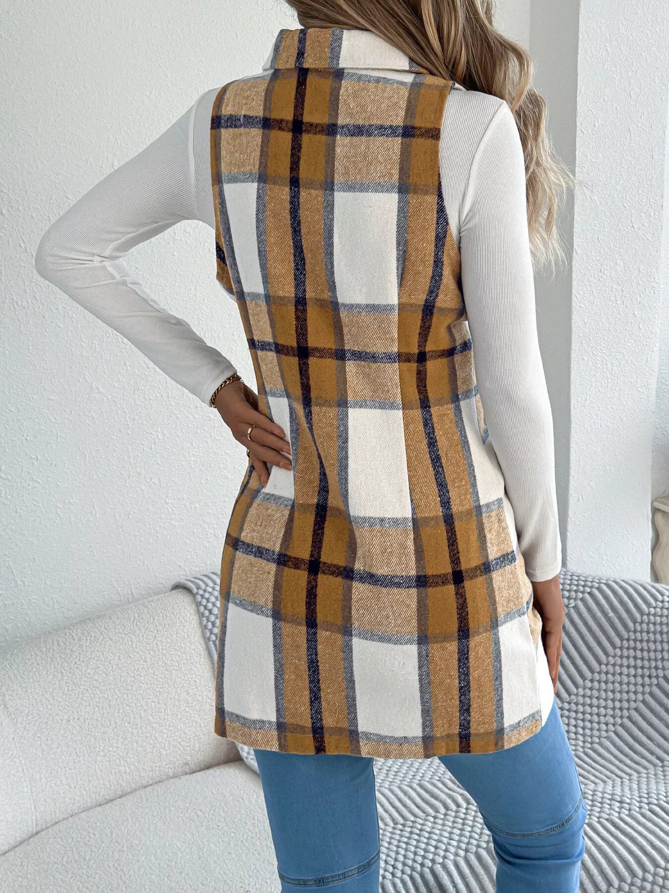 Plaid Double-Breasted Vest Coat