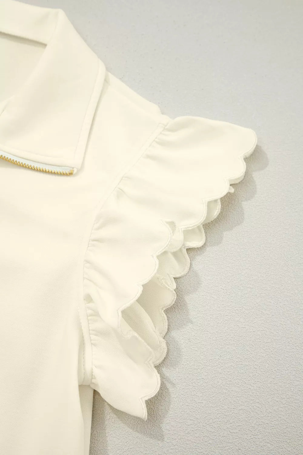Zipped up Collared Ruffled Short Sleeve Blouse
