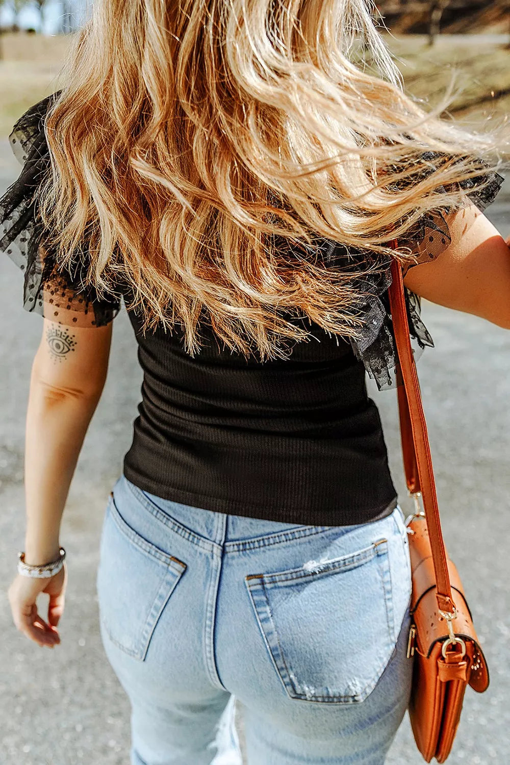 Polka Dot Mesh Sleeve Ribbed Top