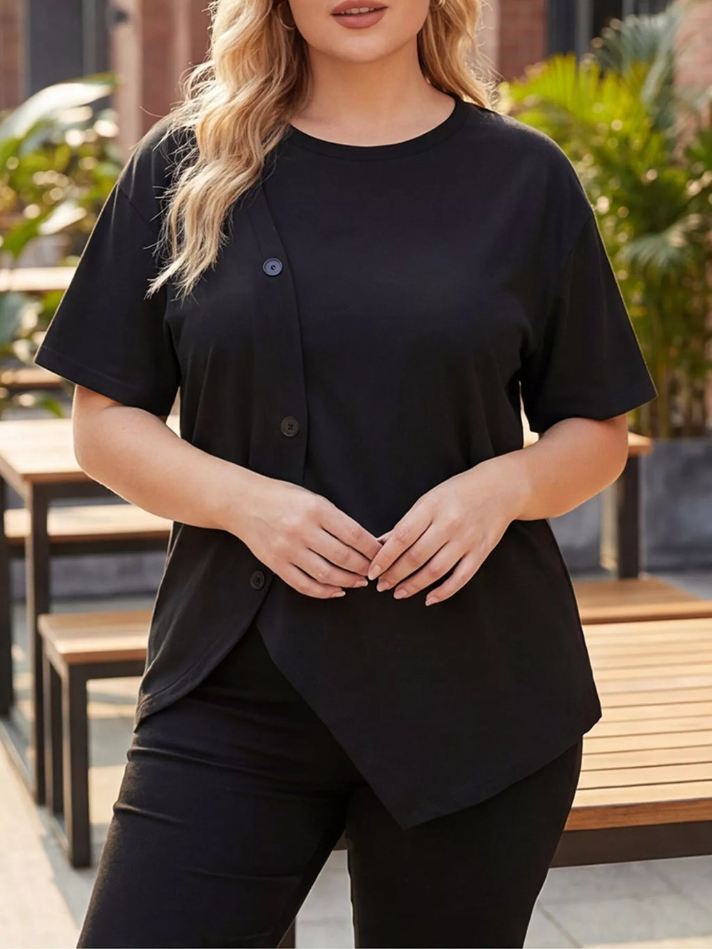 Plus Size Asymmetrical Button Decor Short Sleeve T-Shirt
