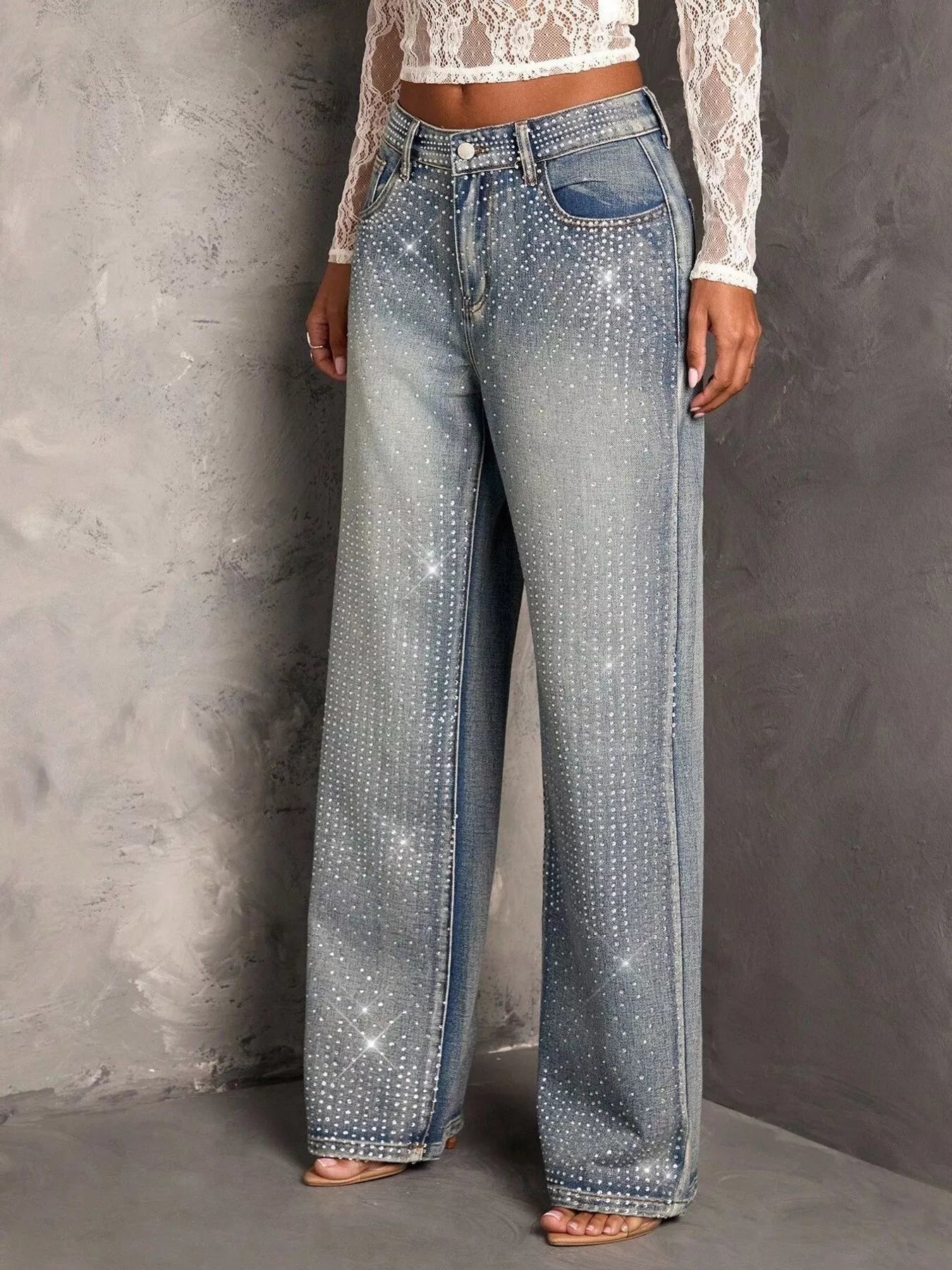 Rhinestone Wide-Leg Jeans