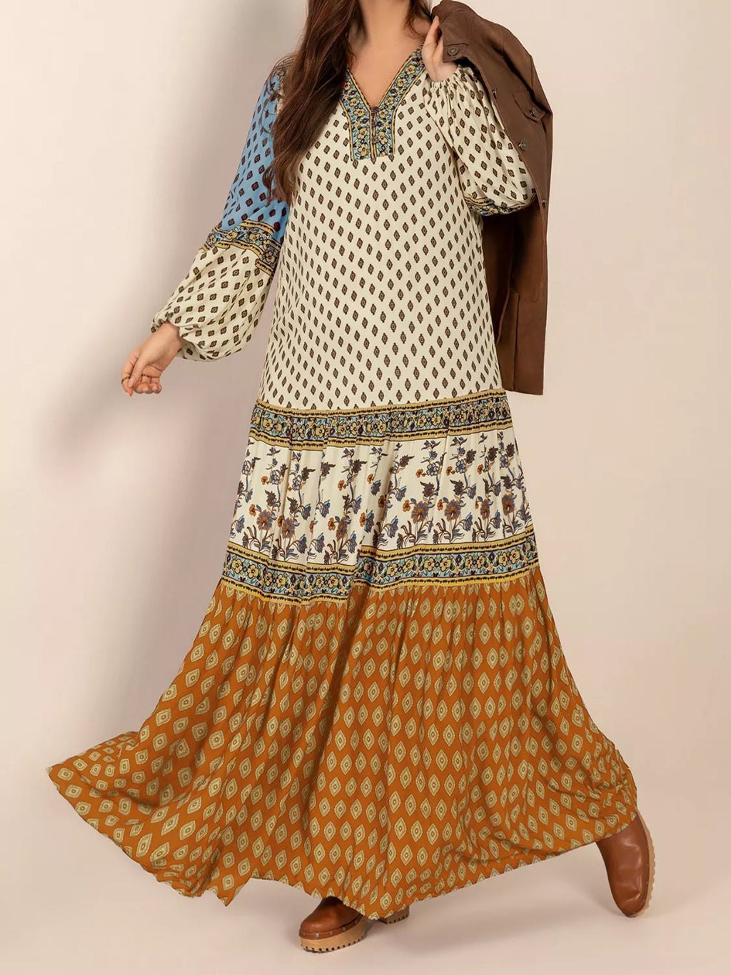 Bohemian Mixed Print Long Sleeve Maxi Dress