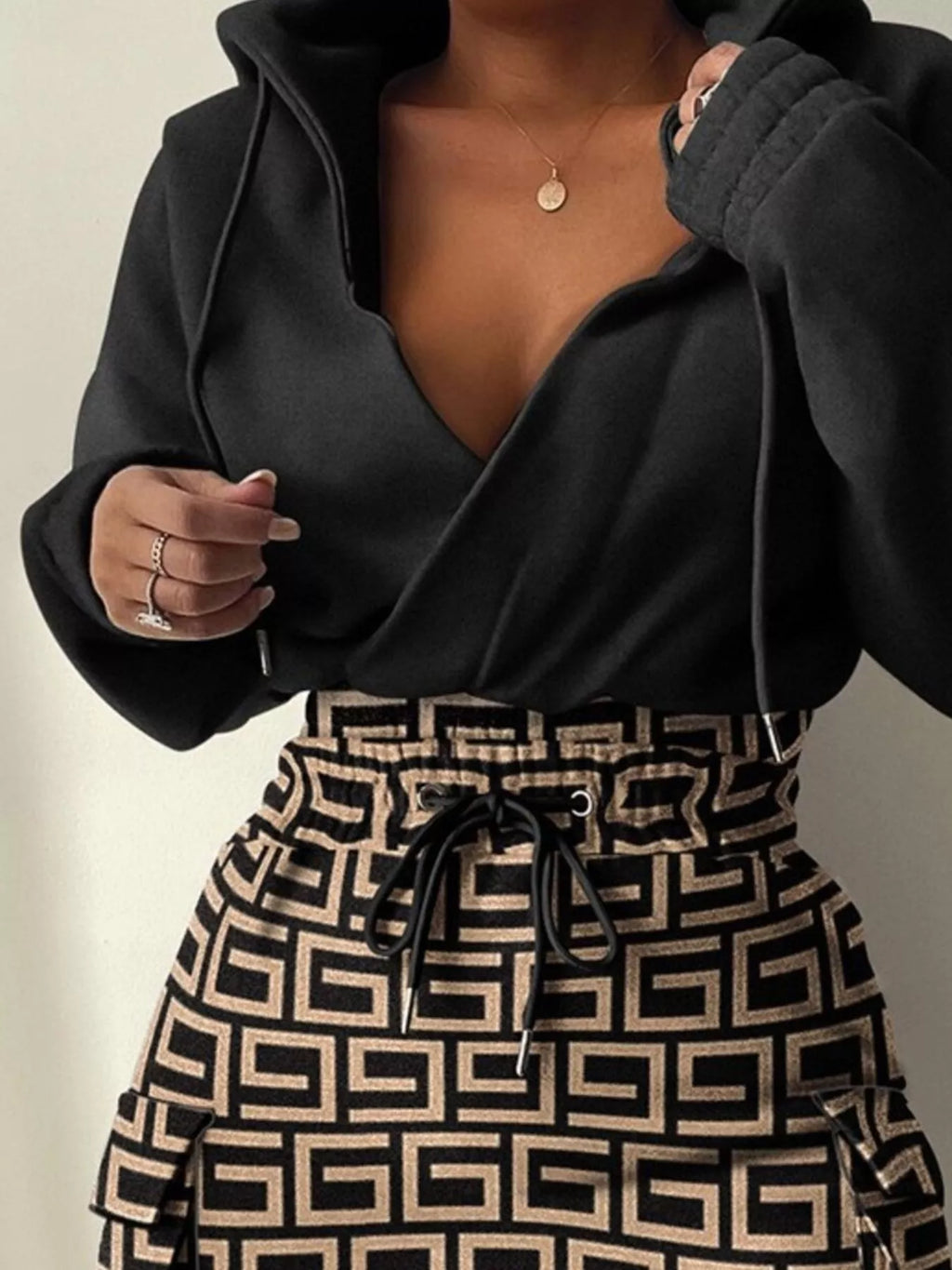 Full Size Drawstring Waist Surplice Printed Dress Plus Size
