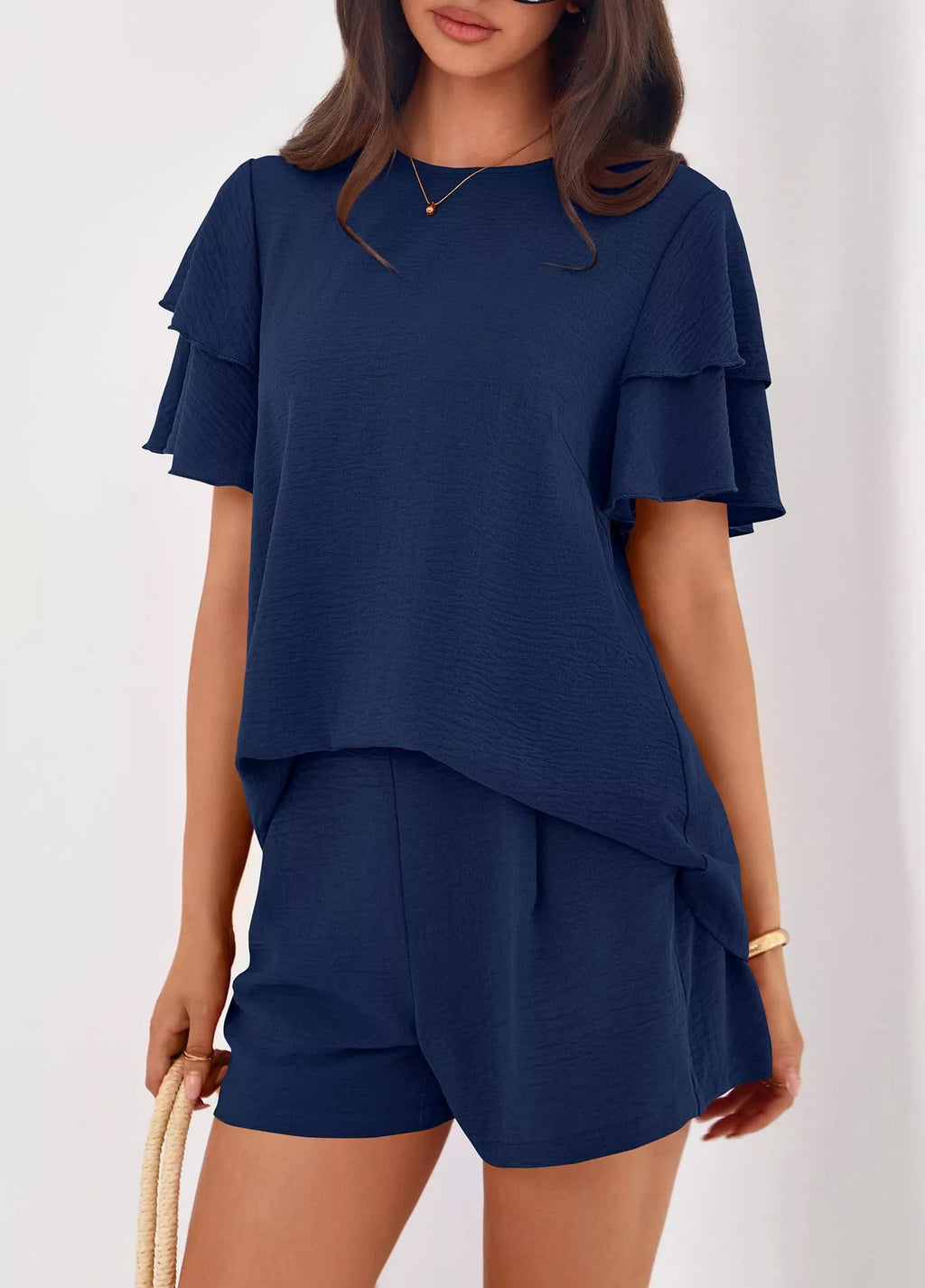 Ruffle Sleeve Top and Shorts Two-Piece Set
