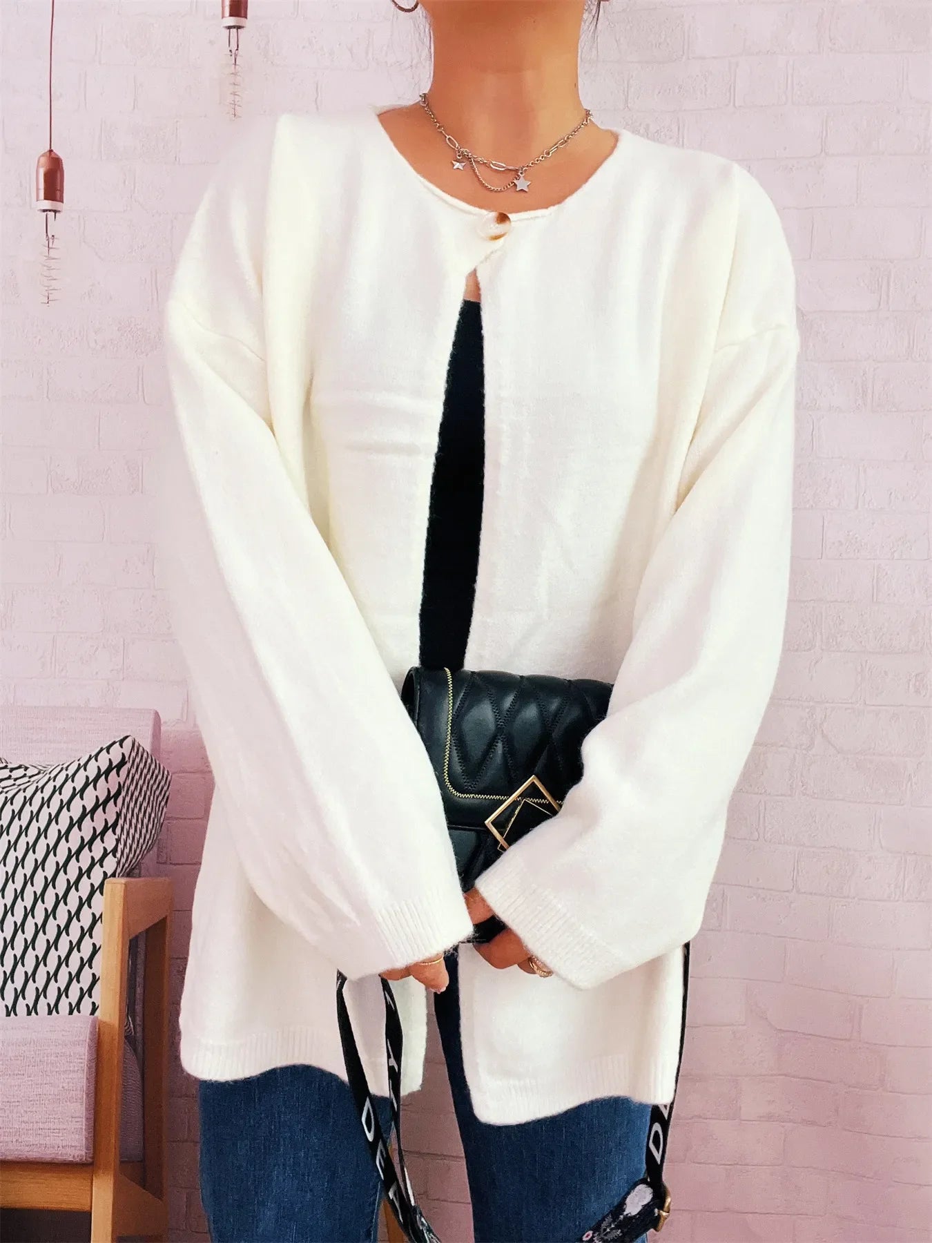 One Button Front Drop Shoulder Cardigan