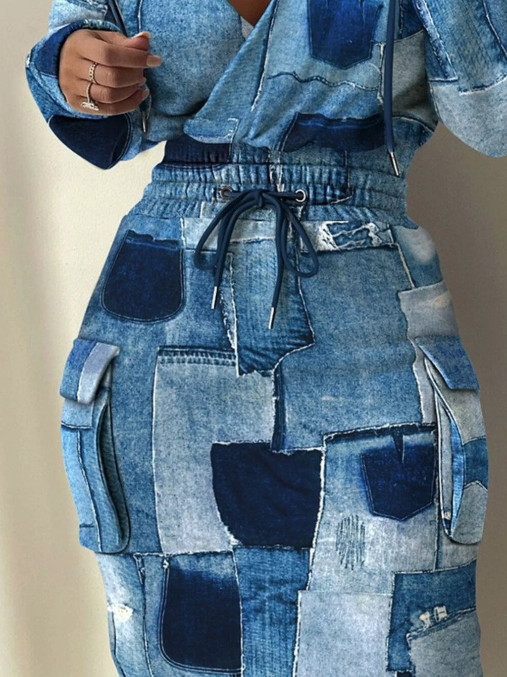 Full Size Drawstring Waist Surplice Printed Dress Plus Size