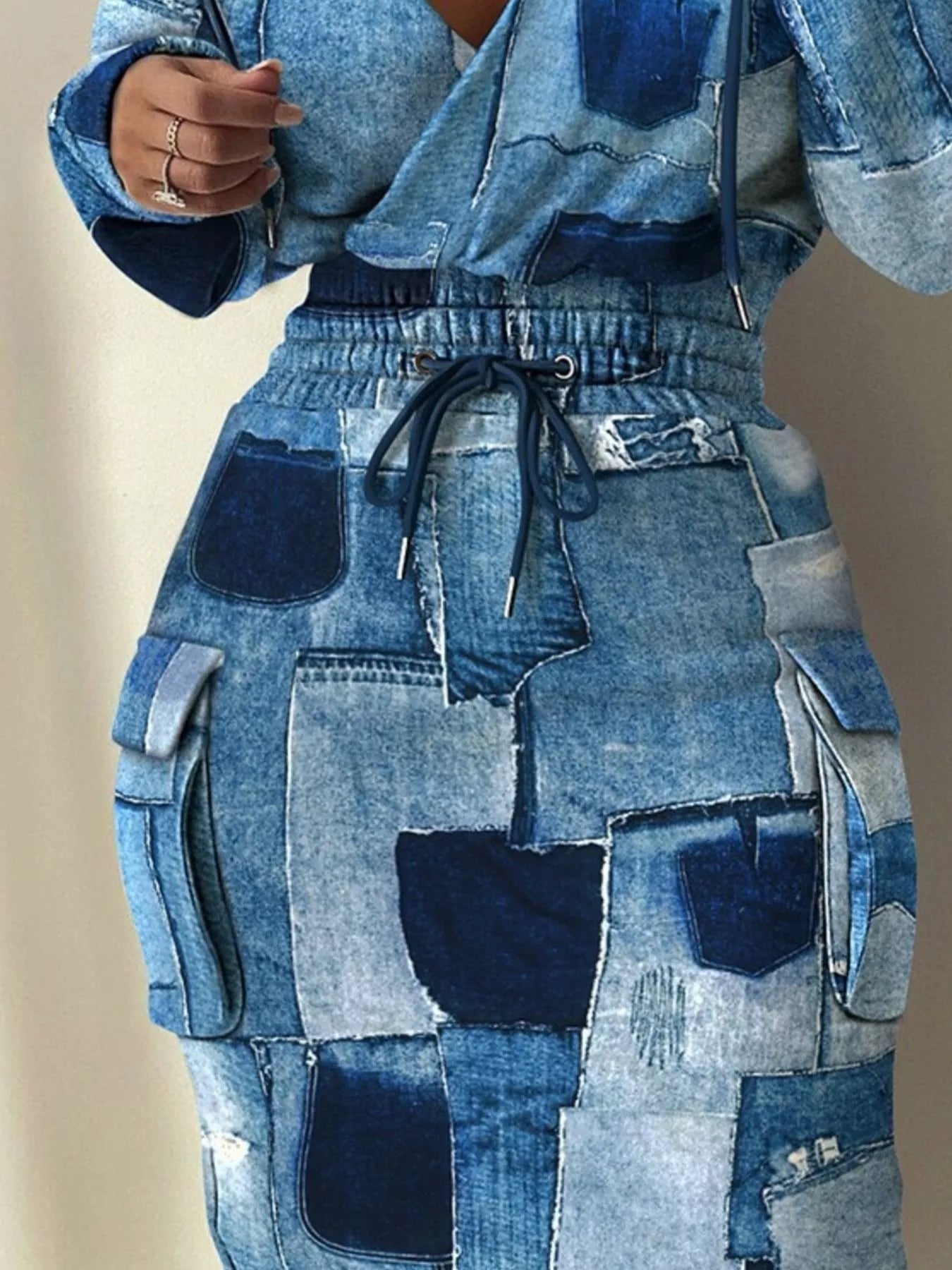 Full Size Drawstring Waist Surplice Printed Dress Plus Size
