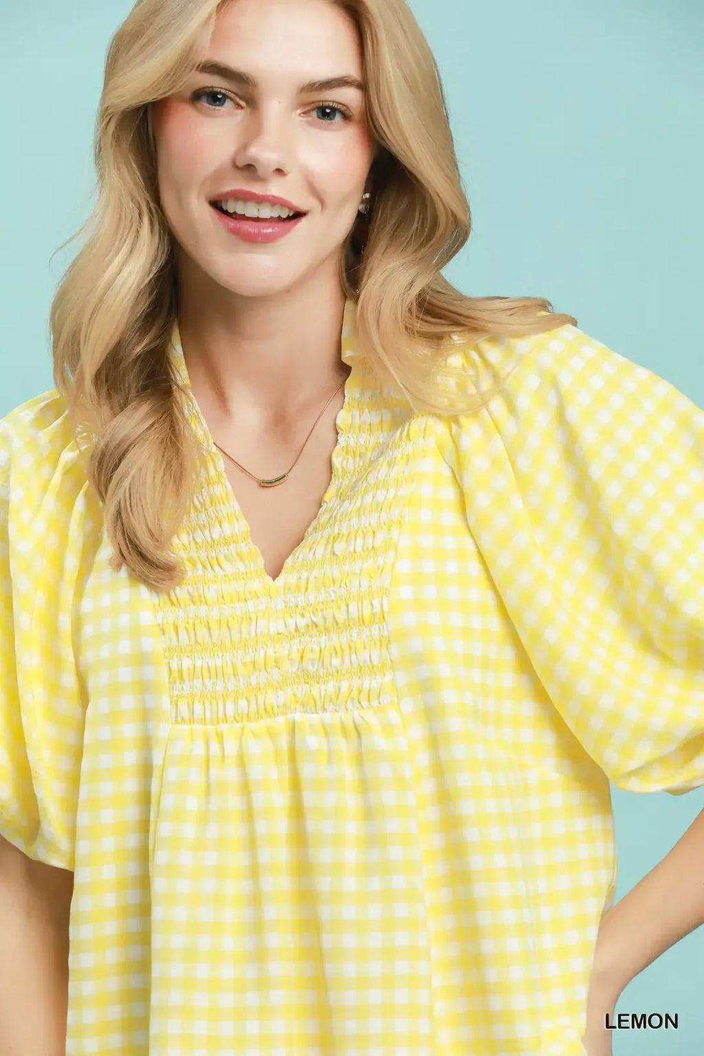 Umgee Smocked Yoke Puff Sleeve Gingham Blouse