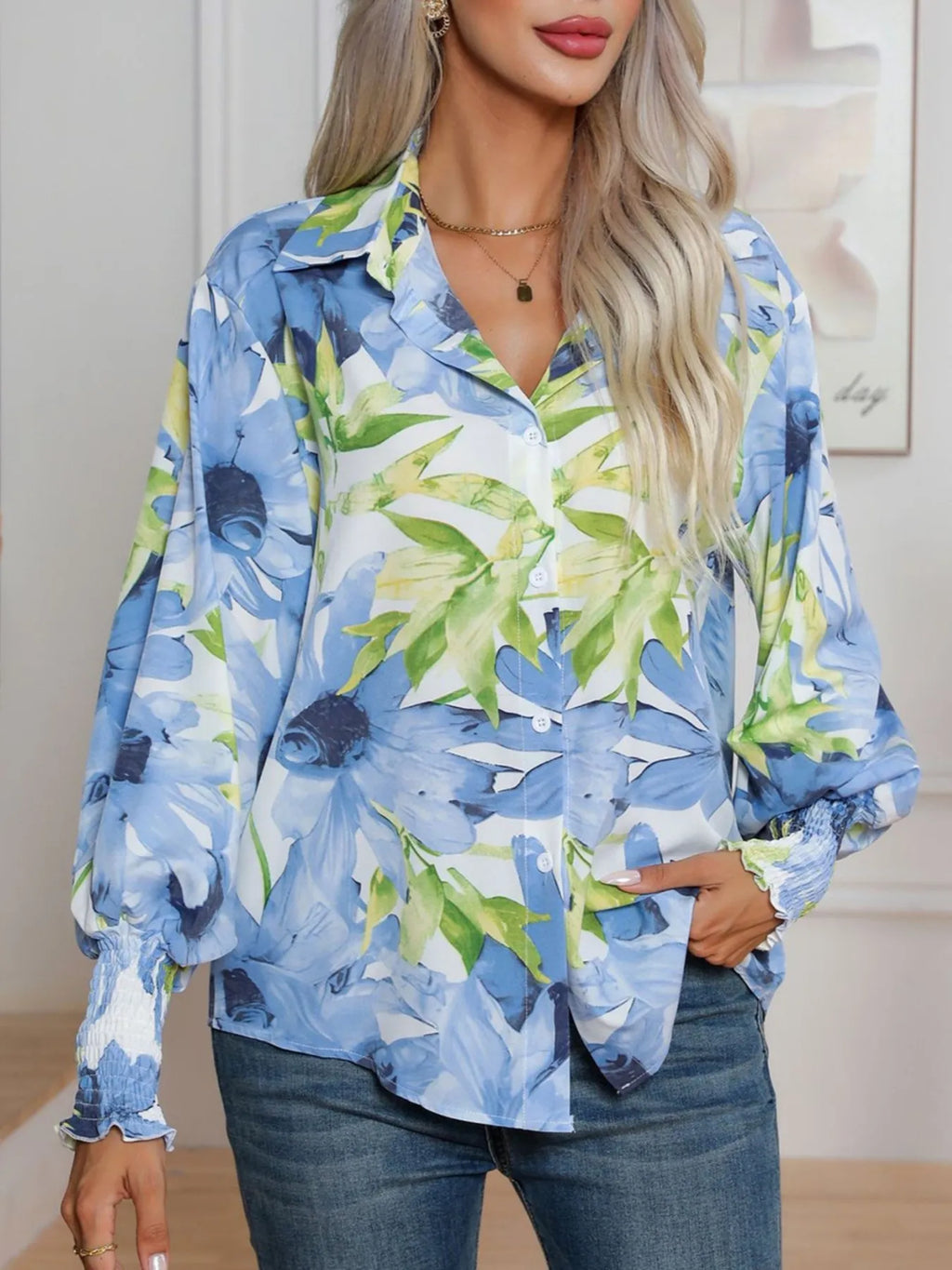 Printed Button Up Long Sleeve Shirt