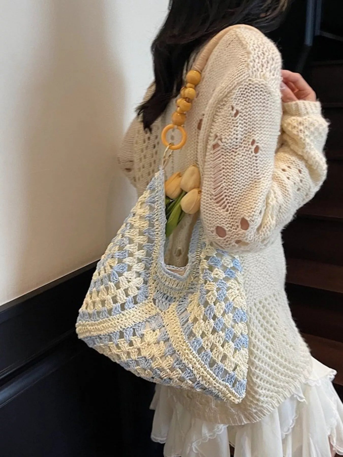Contrast Crochet Shoulder Bag