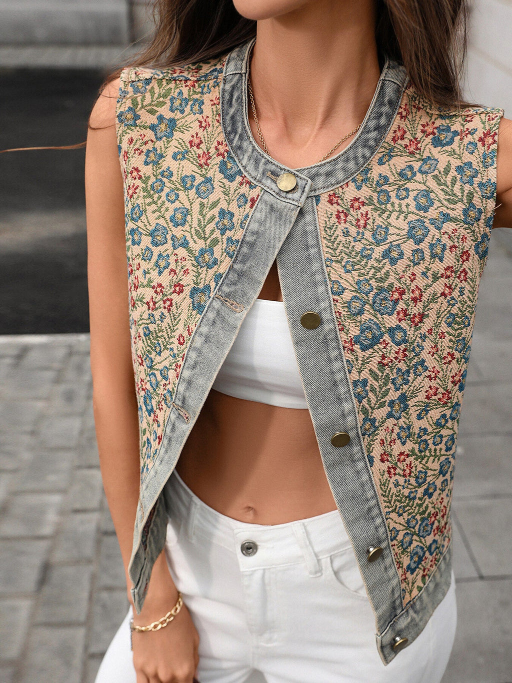 Floral Embroidered Sleeveless Denim Top