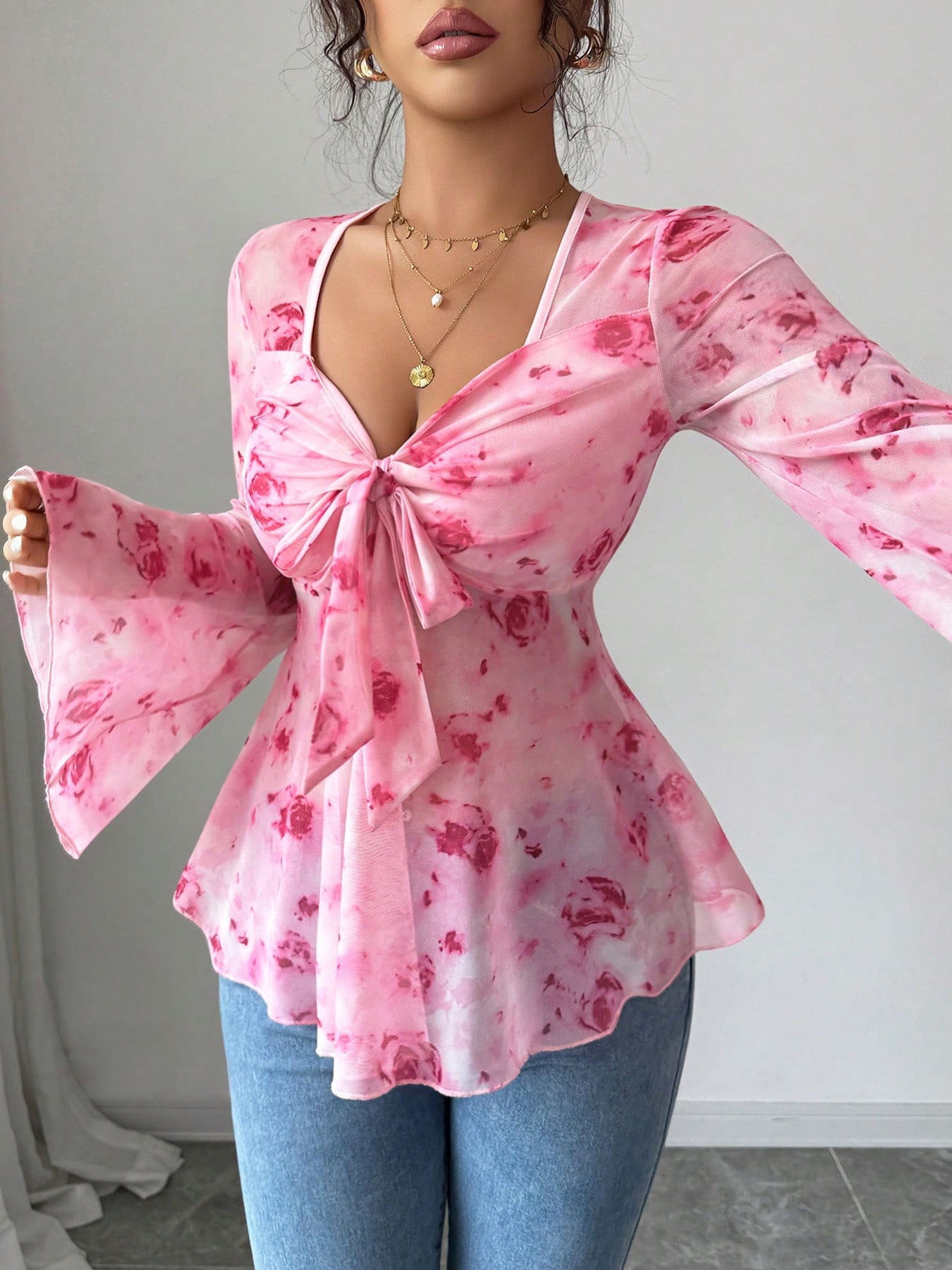 Floral Print Tie Front Flare Sleeve Chiffon Blouse