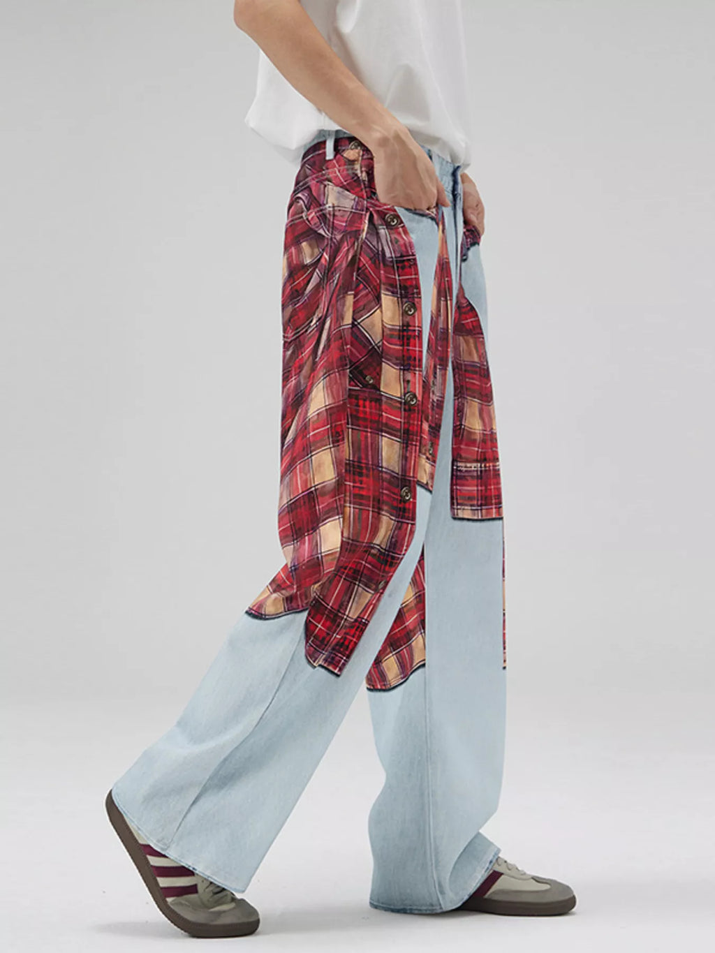Men's Full Size Plaid Patchwork Wide Leg Jeans Plus Size