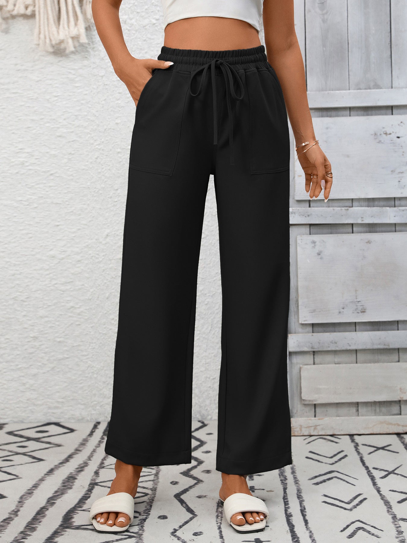 Casual Drawstring Wide Leg Pants