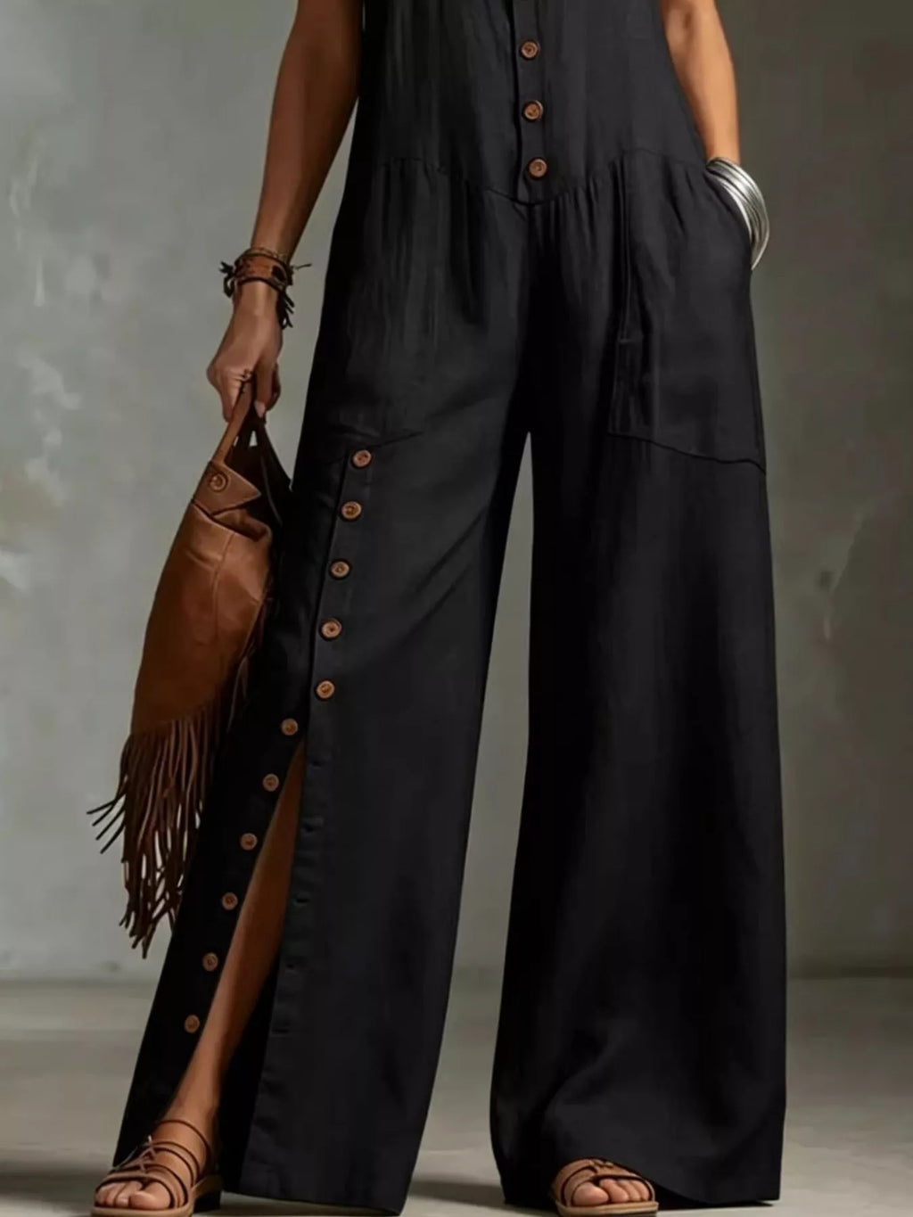 Full Size Sleeveless Button Front Wide Leg Jumpsuit Plus Size