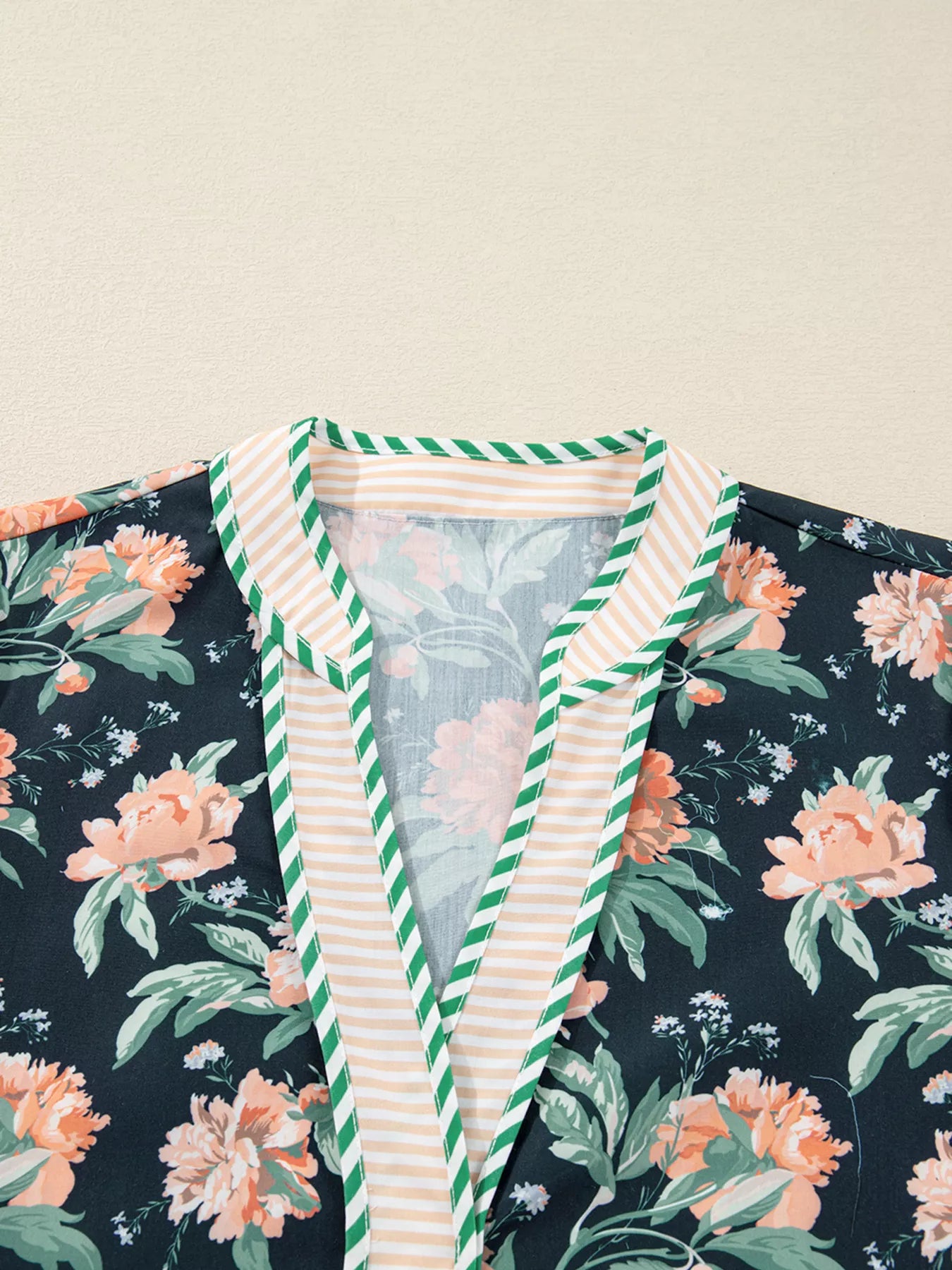Floral Print Striped Trim V Neck Long Sleeve Ruffle Hem Shift Mini Dress