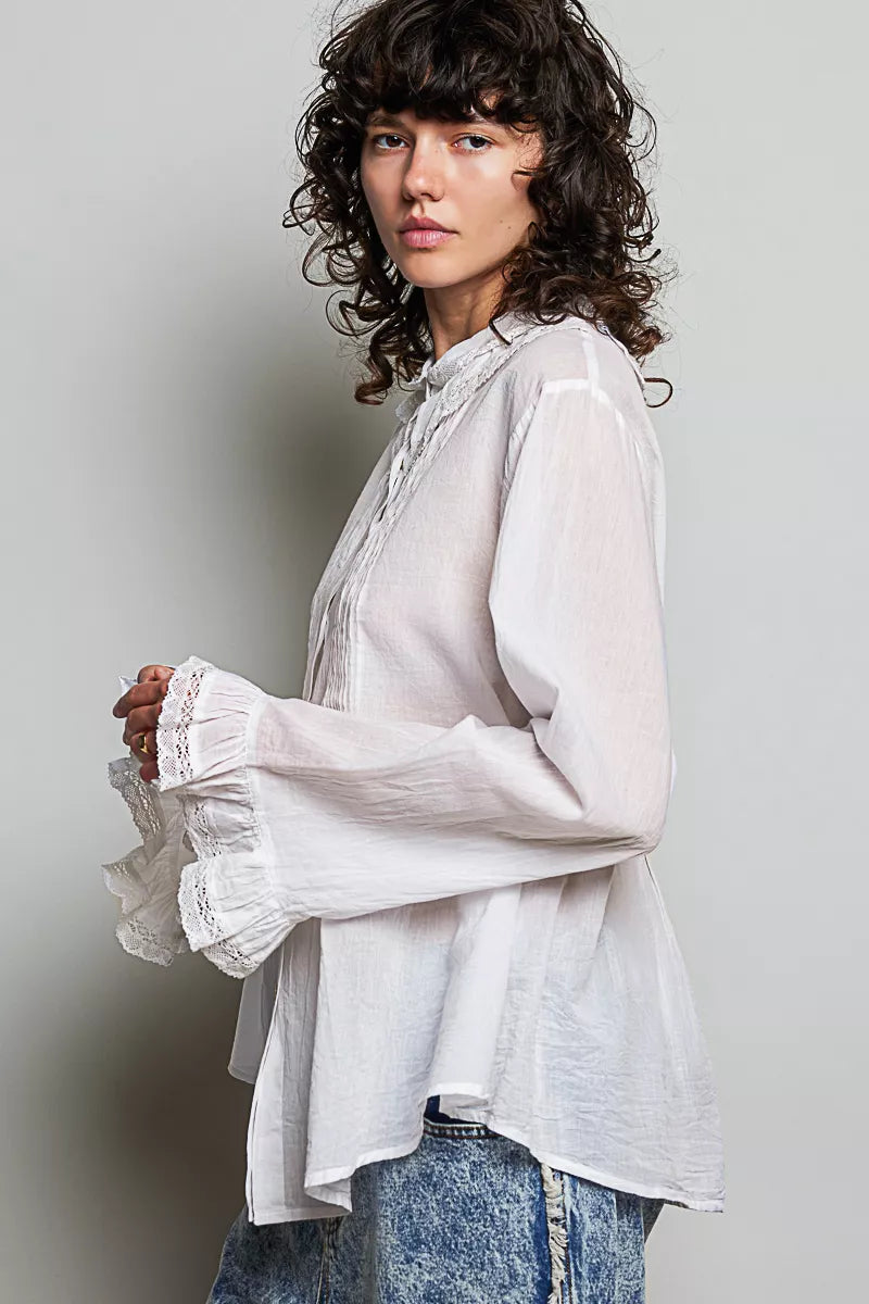POL Woven Lace Trim Pintuck Button-Down Shirt