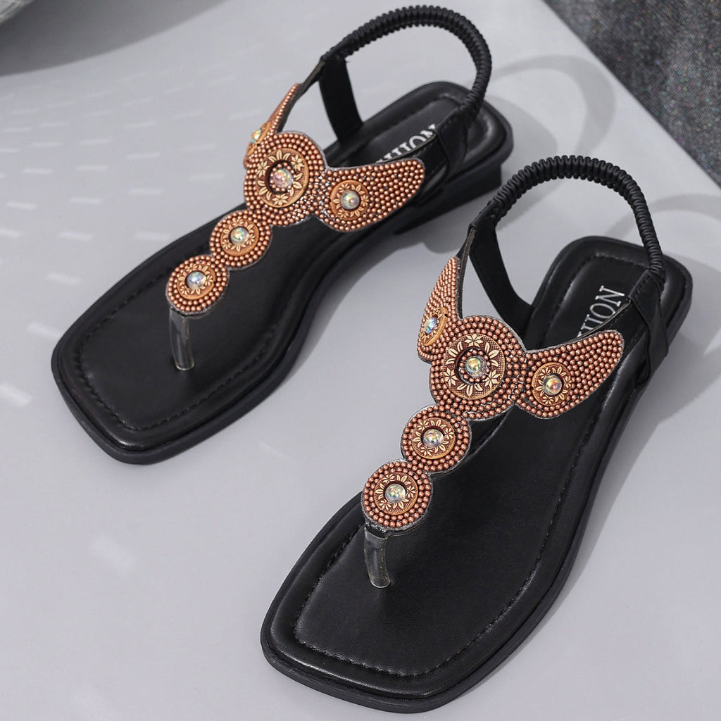 Beaded T-Strap Flat Sandals
