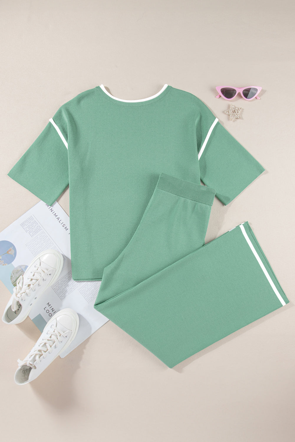 Contrast Trim Top and Drawstring Pants Set