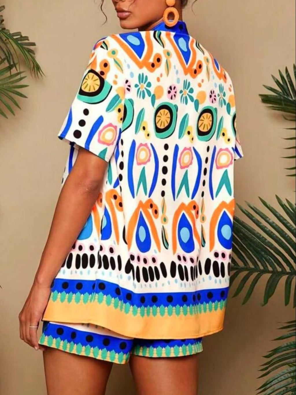 Printed Open Front Cardigan and Shorts Set