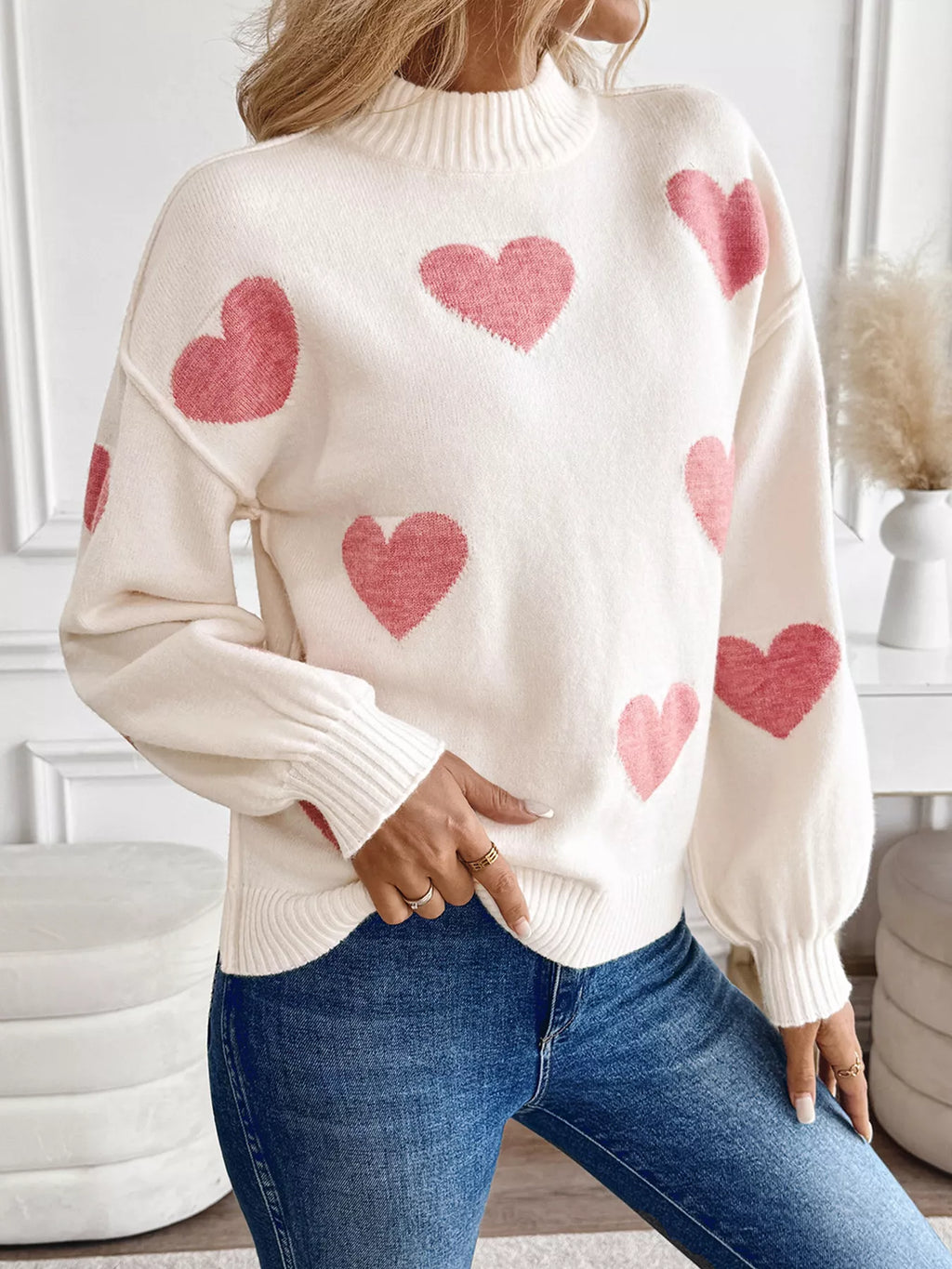 Heart Mock Neck Long Sleeve Sweater
