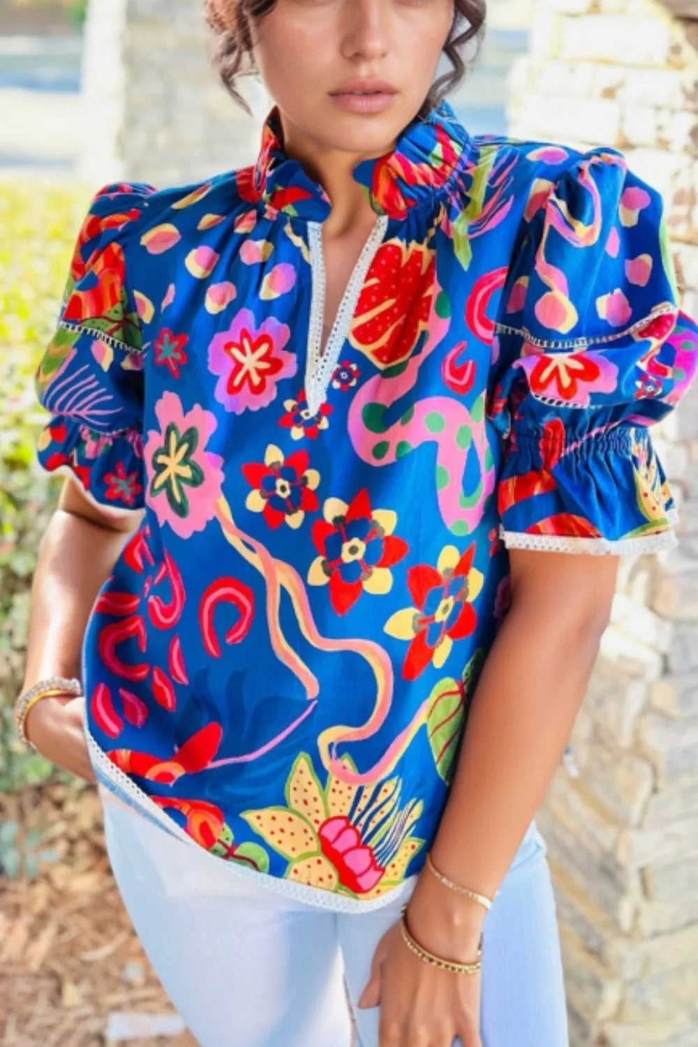 Abstract Print Frilled Collar Ruffled Puff Short Sleeve Top