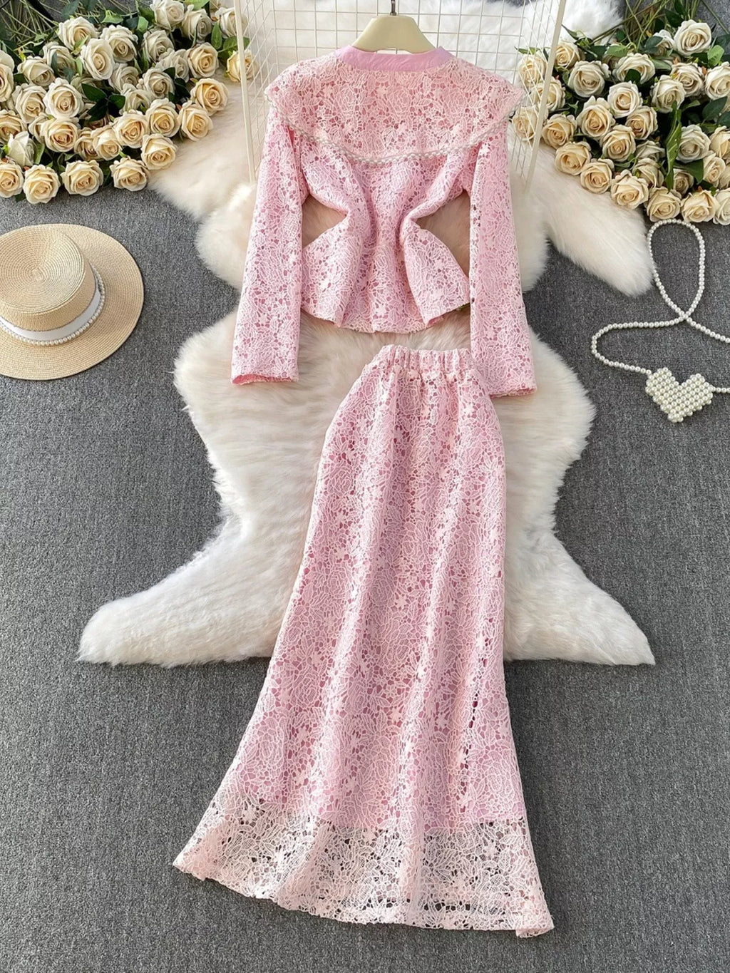 Lace Button Up Top and Skirt Set