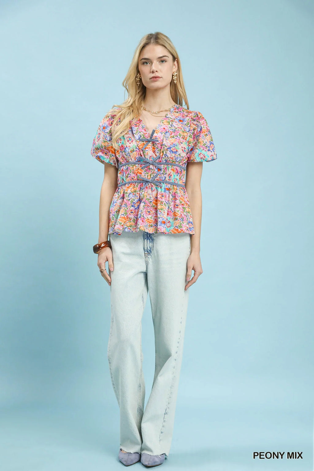 Umgee Mix Floral Smocked Waist Blouse