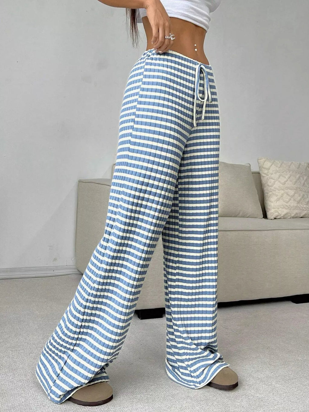 Striped Ribbed Knit Drawstring Waist Wide Leg Pants