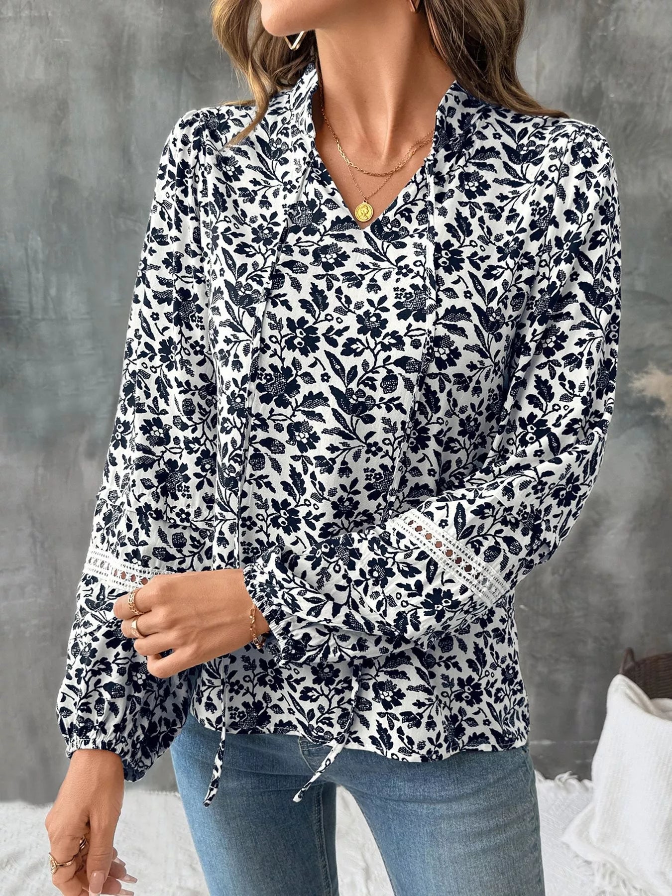 Printed Tie Neck Long Sleeve Blouse