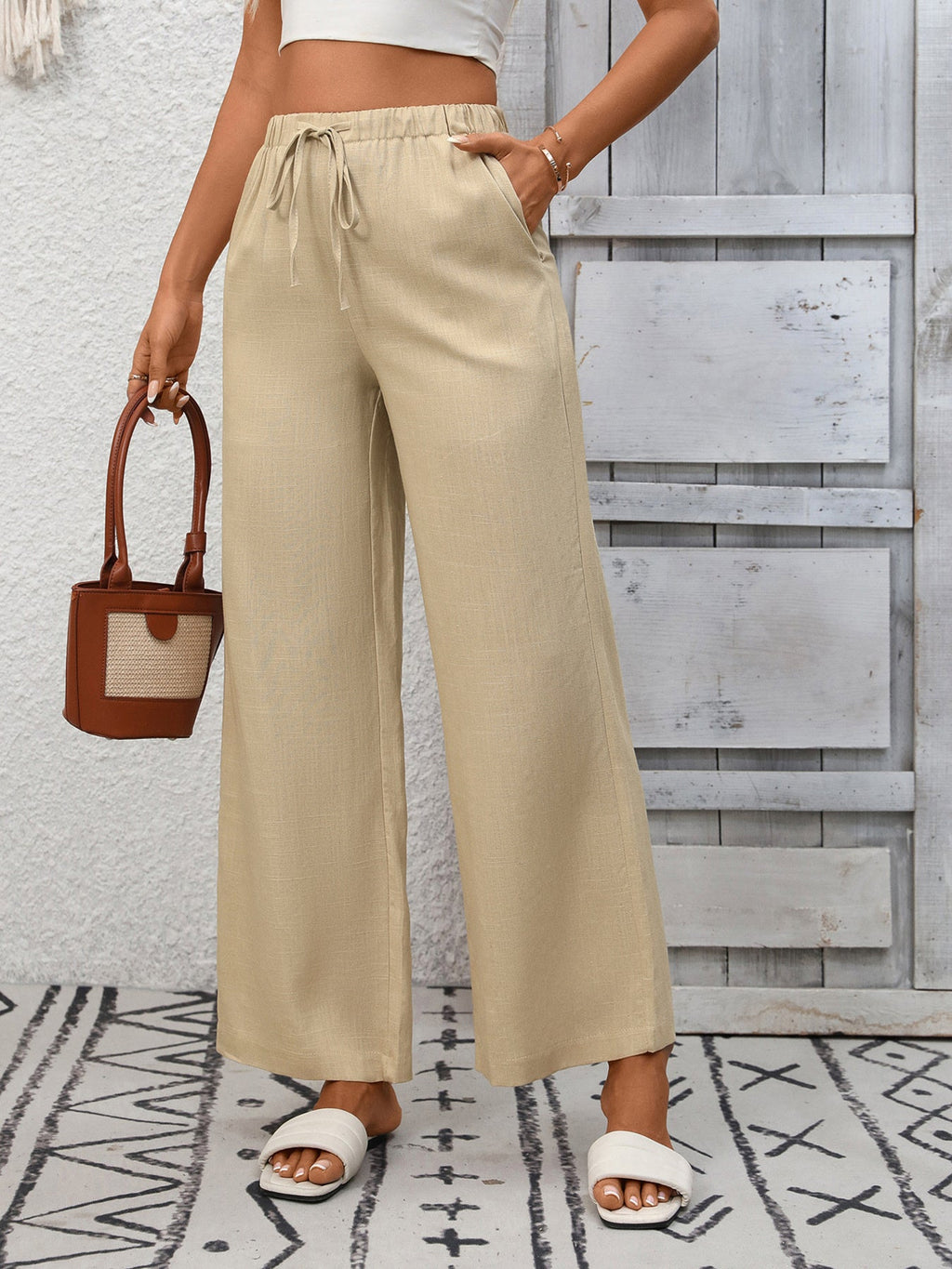Drawstring High Waist Wide Leg Pants