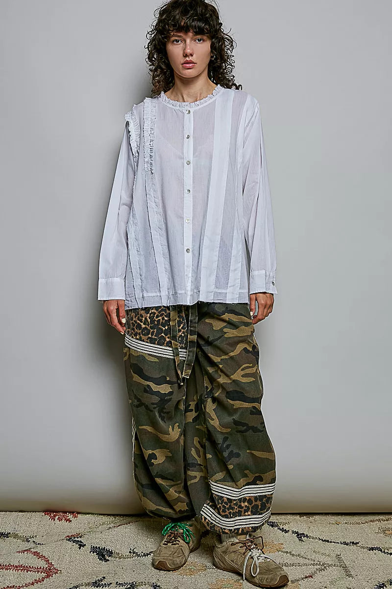 POL Lightweight Ruffle Trim Round Neck Woven Shirt