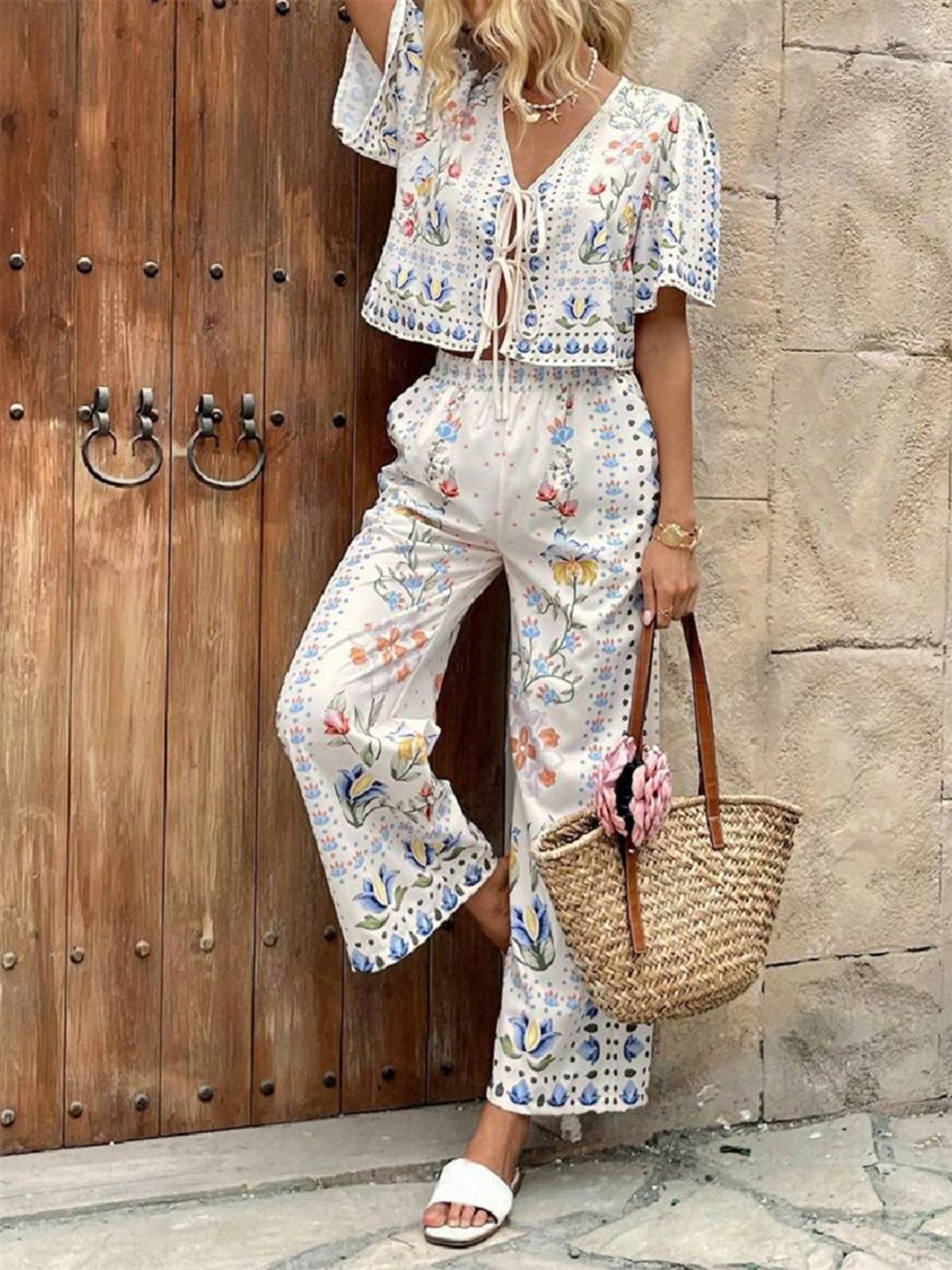 Floral Print Tie-Front Top and Pants Set