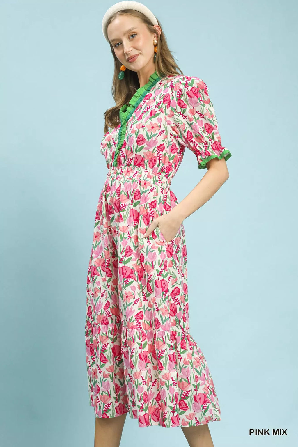 Umgee Floral Ruffle Trim Tiered Midi Dress