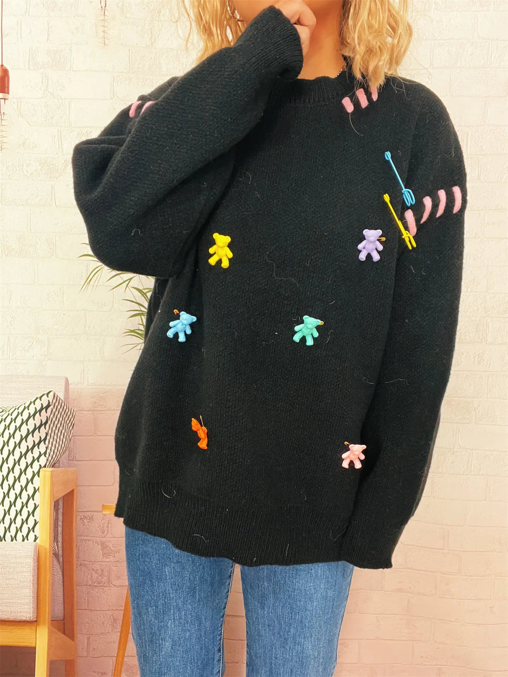Bear Decoration Round Neck Sweater
