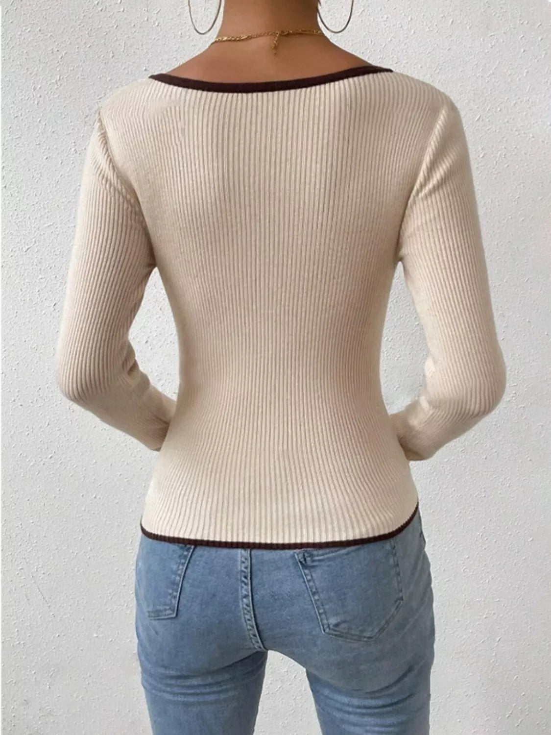 Contrast Trim Long Sleeve Knit Top