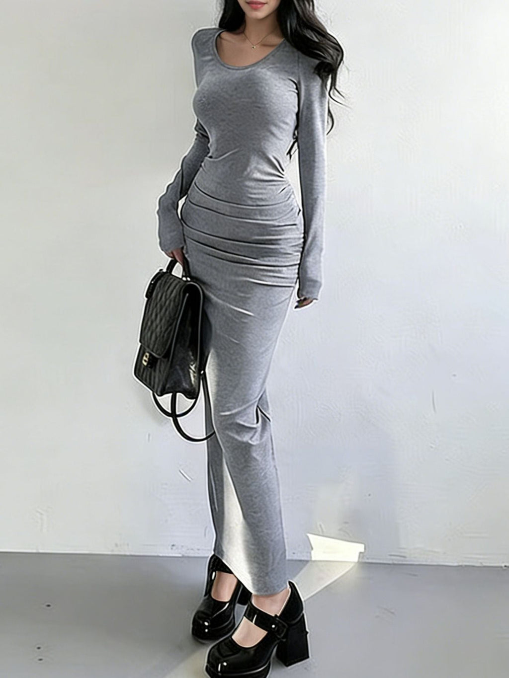 Slit Long Sleeve Bodycon Maxi Dress