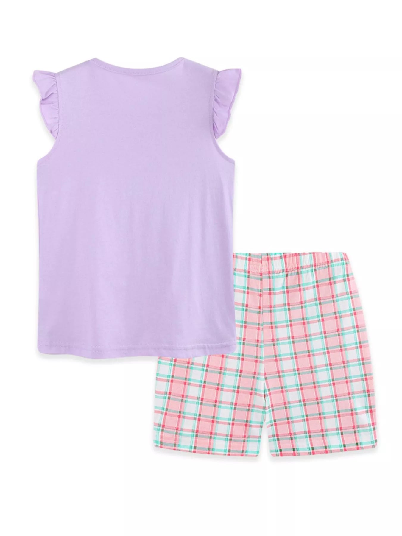 Children's Cartoon Graphic Ruffle Trim Tee & Plaid Shorts Set