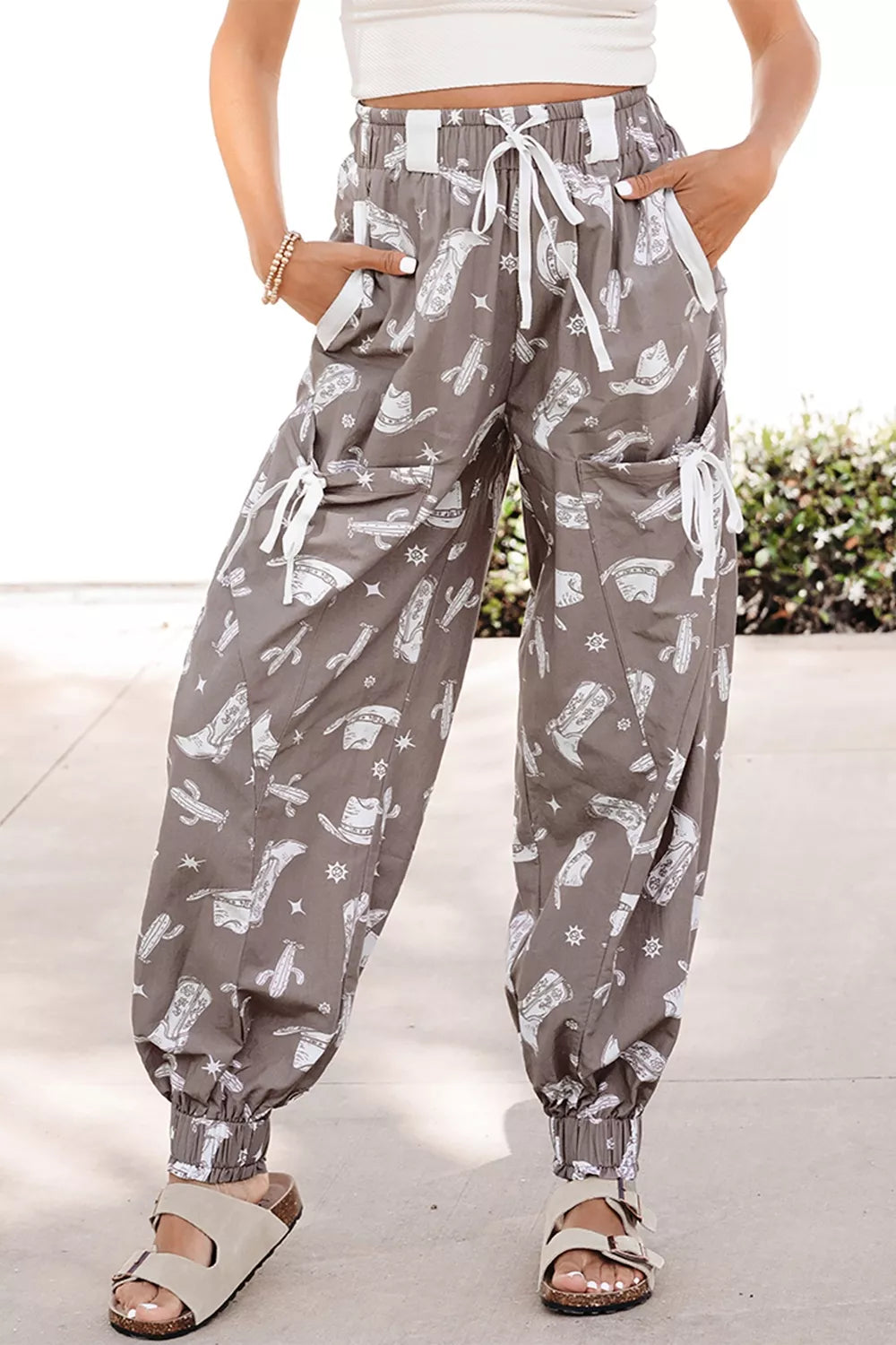 Western Cactus Cowgirl Hat Boot Printed Vintage Drawstring Jogger Pants