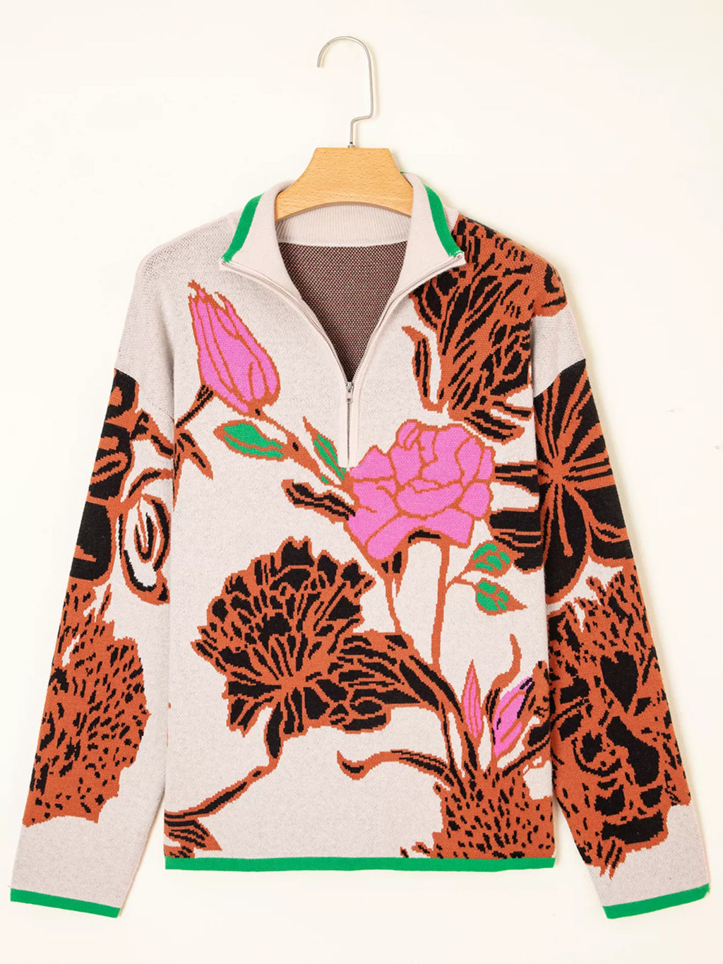 Floral Pattern Knit Quarter Zip Stand Neck Sweater