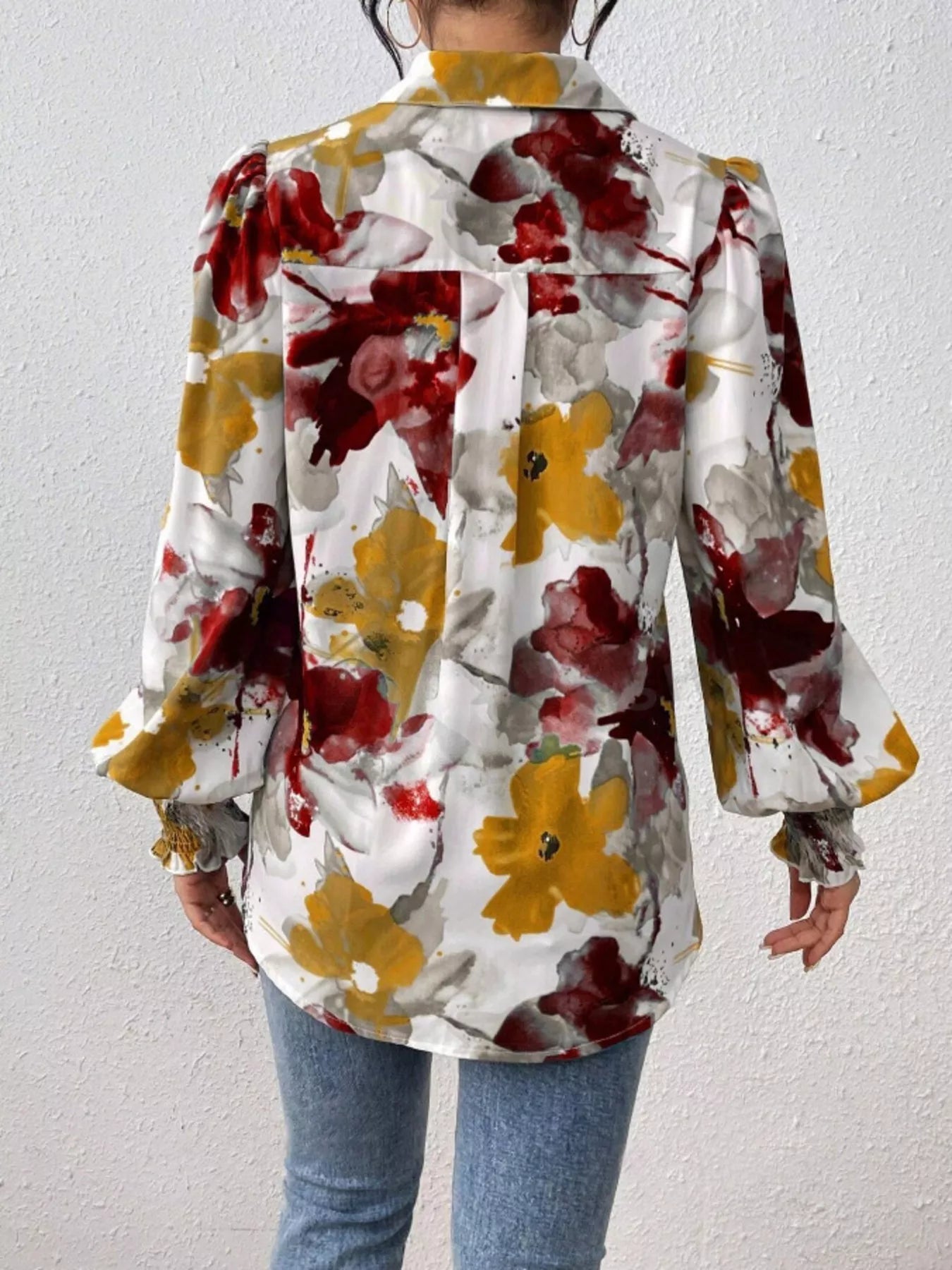 Printed Button Up Lantern Sleeve Shirt