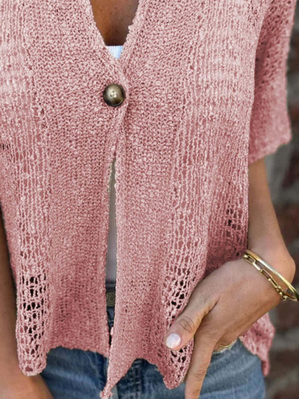 Full Size One Button Half Sleeve Cardigan Plus Size