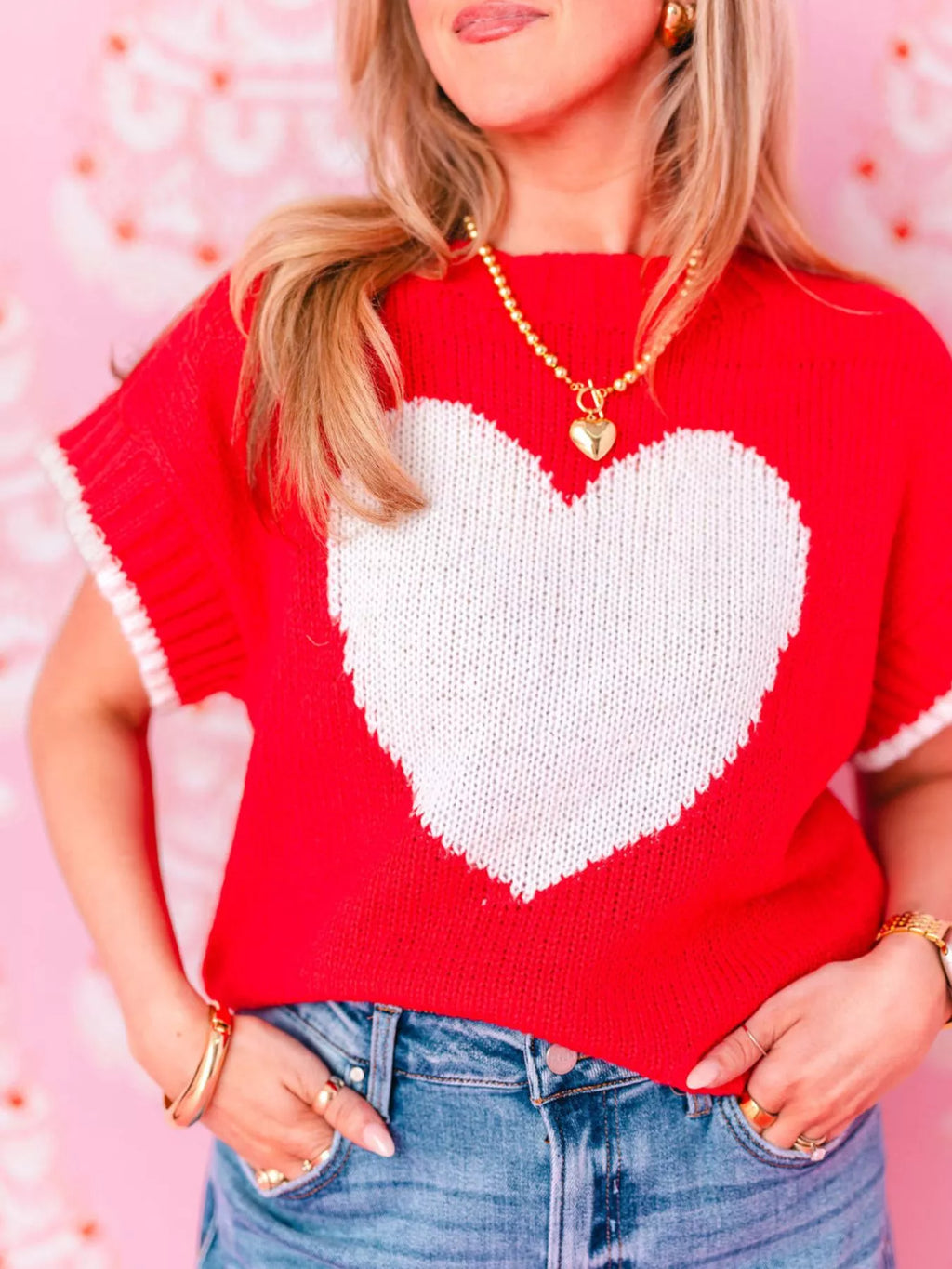 Heart Round Neck Short Sleeve Sweater